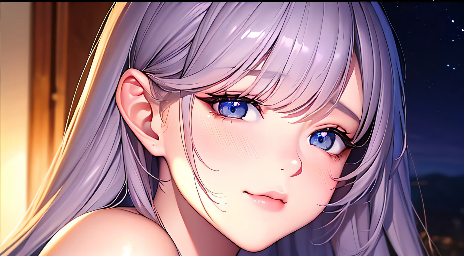 (photorealistic:1.4), (masterpiece, side dim light, finely detailed beautiful eyes: 1.2), masterpiece*portrait, realistic, 3d face, Stelle \(honkai star rail\), 1girl, white oversize T-shirt, bare shoulder, universe, rail, bangs, blush, shy, lustful eyes, medium long hair, looking at viewer, gasp, medium breasts