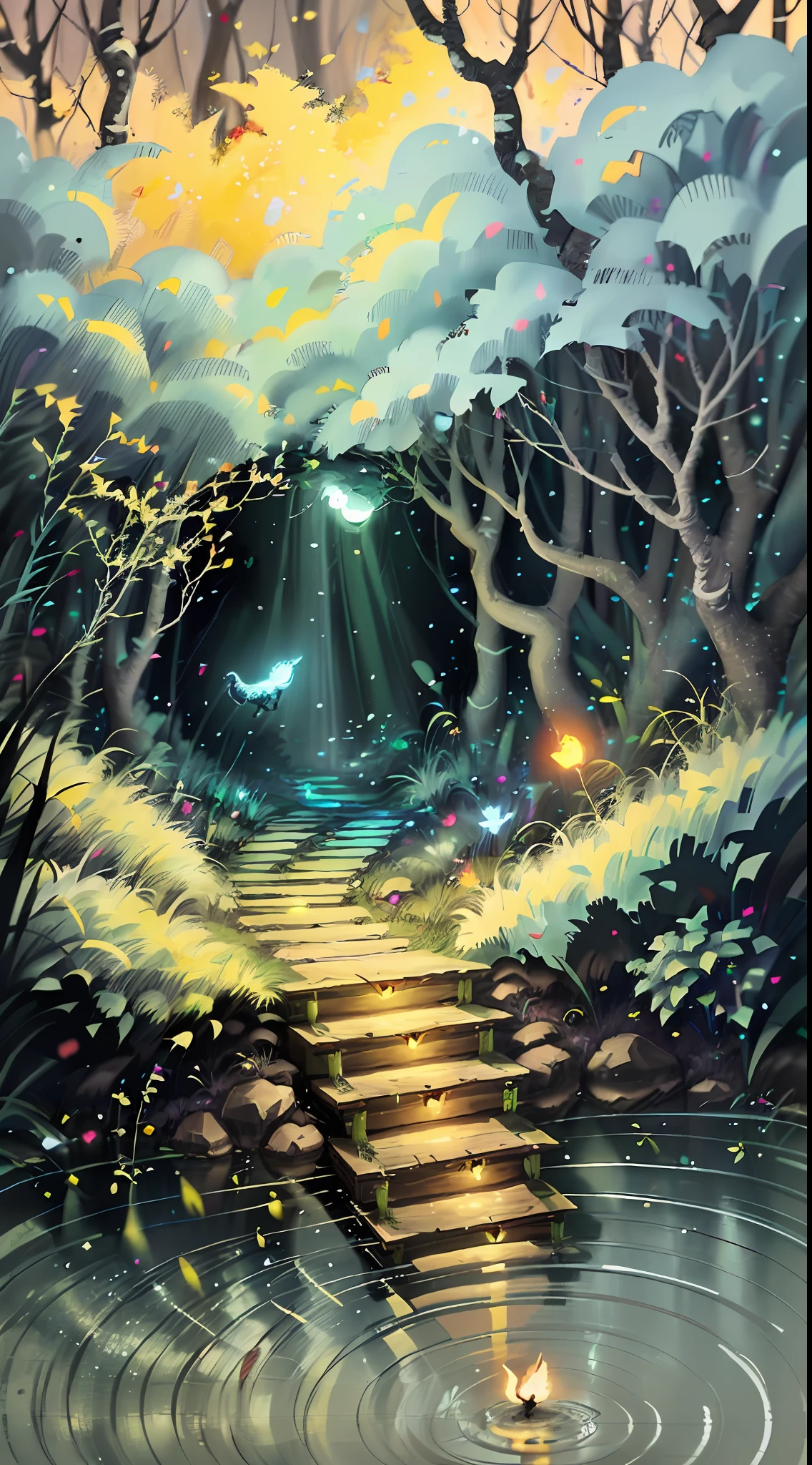 Masterpiece, best quality, (very detailed CG unity 8k wallpaper), (best quality), (best illustration), (best shadows), glow sprite, with a glowing deer, in the swimming pool Drinking water, natural elements in the forest theme. Mysterious forest, beautiful forest, nature, surrounded by flowers, delicate leaves and branches surrounded by fireflies (natural elements), (jungle theme), (leaves), (twigs), (fireflies), (particle effects) etc. 3D , Octane rendering, ray tracing, super detailed --v6
