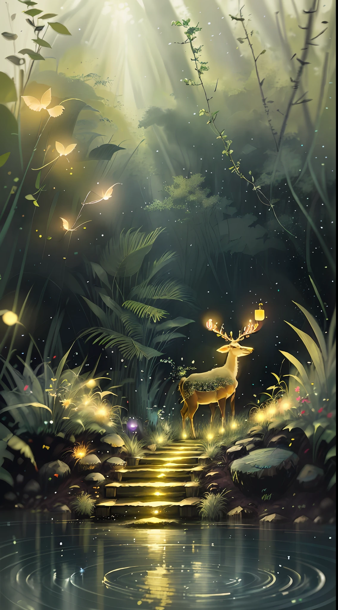 Masterpiece, best quality, (very detailed CG unity 8k wallpaper), (best quality), (best illustration), (best shadows), glow sprite, with a glowing deer, in the swimming pool Drinking water, natural elements in the forest theme. Mysterious forest, beautiful forest, nature, surrounded by flowers, delicate leaves and branches surrounded by fireflies (natural elements), (jungle theme), (leaves), (twigs), (fireflies), (particle effects) etc. 3D , Octane rendering, ray tracing, super detailed --v6