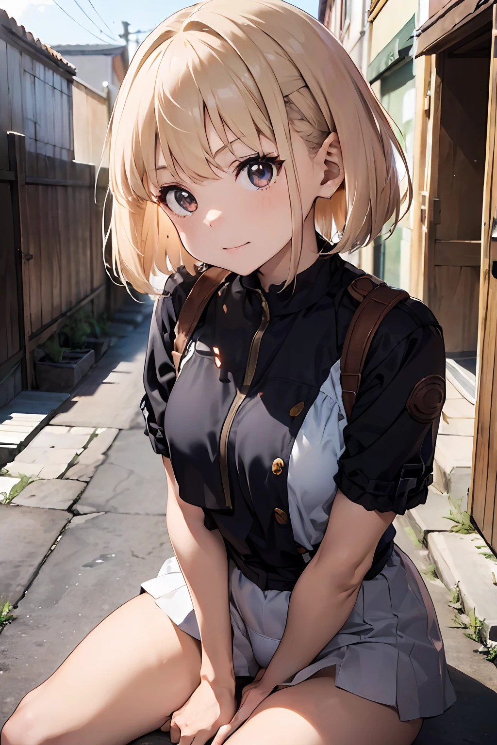 ((Top Quality, 8k, Masterpiece: 1.3)), Photoreality (1.4)), Raw Photo, Single Woman, Light Brown Hair, Bob Cut, Super Delicate Face Japan, Delicate Eyes, Double Eyelids, Light Smile, (Black Underwear with Holes: 1.2), (Big: 2), (Sitting Open Crotch: 1.5), Back Alley, (Chest Focus: 1.2), (Perspective: Chest)