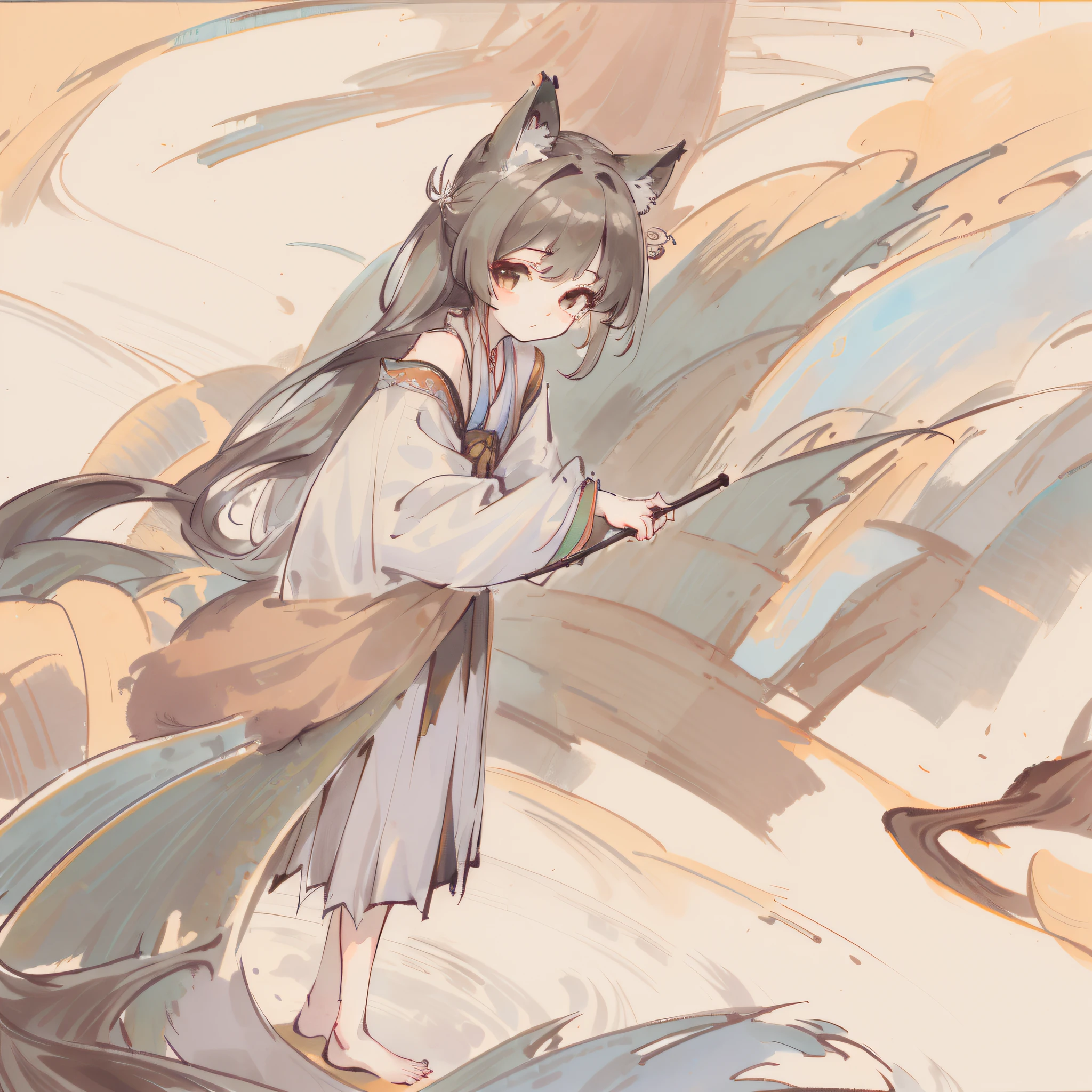 ((4K,Masterpiece,Best quality,meticulous detail)),ink wash style, Traditional Chinese painting, , long skirt,1 rapariga, 独奏, whaite hair, long beautiful hair, fox ear, Exquisite facial features,sneak shot, ,cropped shoulders,upper legs,(mountain water),(A small bird stands on the girl's head),(Green willow),Small rivers,(Landscape photos),outside,(bamboos),standing on your feet,((feet in water,)),Stand in rippled water, (The barefoot),