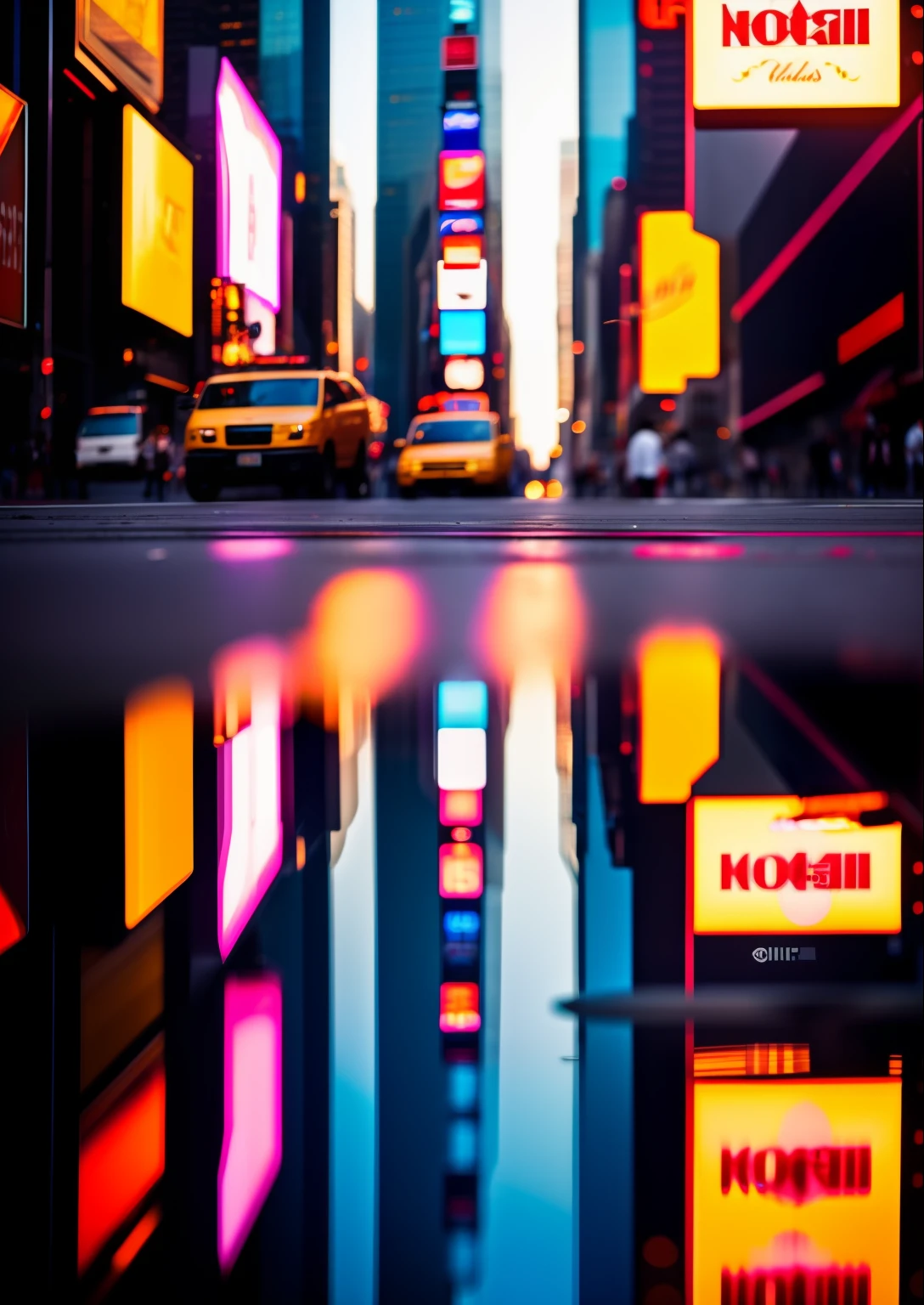 Times Square, reflection on the ground, Morning light, sol, amazing fine details, film photography Nikon D850 Kodak Portra 400 camera f1.6 lente, cores claras, textura realista, ambiente urbano, highrise, neon signs, trending on ArtStation, cinestill 800 tungsten, foto do ano,