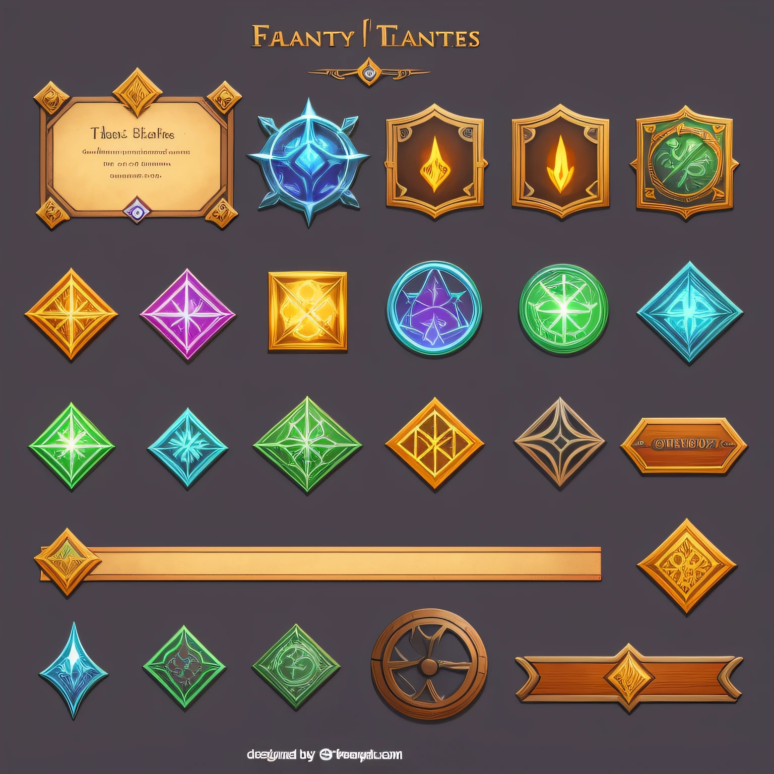 Frontal view of a set of elements of the game interface of a fantasy game on a flat background. Colorful image. Clear lines, There is no blur. Simple interface, Buttons, window, slider, checkbox