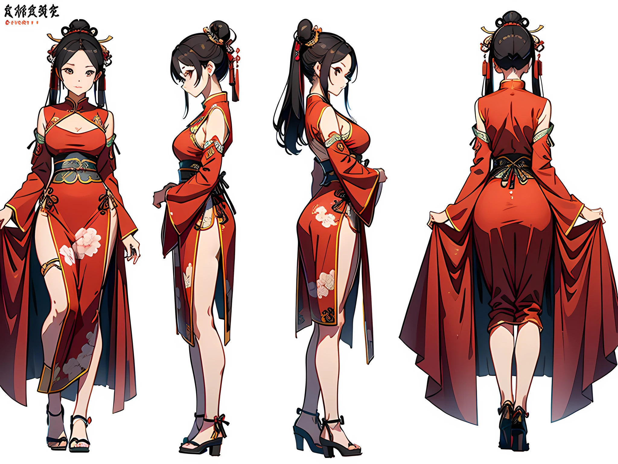 three-view drawing‚ enerate three views, up front view, the sideview, posterior view, full bodyesbian, A beautiful girl, tchibi, Full body'Chinese ancient style clothing, White background,