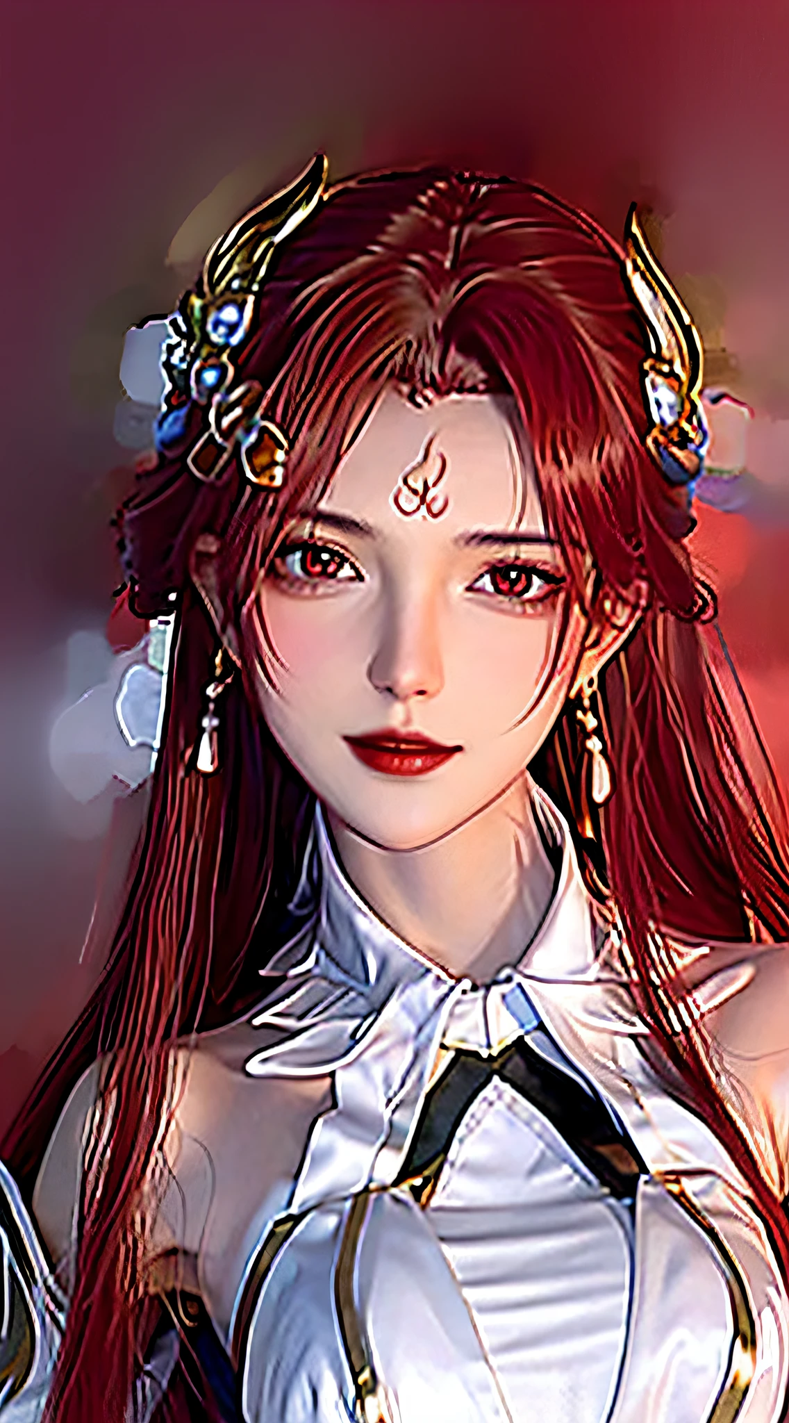 Girl, young and beautiful, tall and beautiful, fair face, perfect features, tall and beautiful, fair skin, good figure, heroic and valiant, heroic and valiant, wearing ancient Chinese armor, female general, Chinese landscape background, standing on the top of the mountain, 500 years ago, starry night, realistic, detailed, 8k, mix4, red_dress,starry sky, fire, red hair, solo, hair ornament, long hair, red eyes, jewelry, earrings, dress, bare shoulders, red lips, upper body, white background, facial mark, crescent, lipstick, forehead mark, looking at viewer