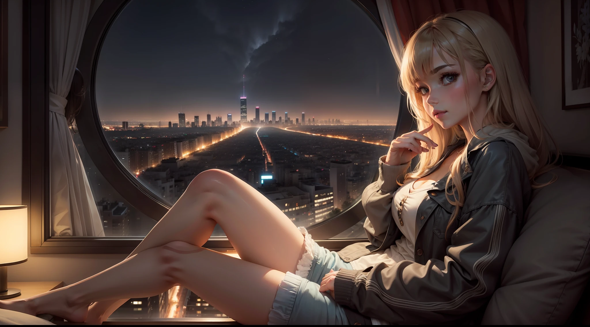 A beautiful girl is sitting down near her window apartment and watching all the life out there in a large city at night, perfect anatomy, centered