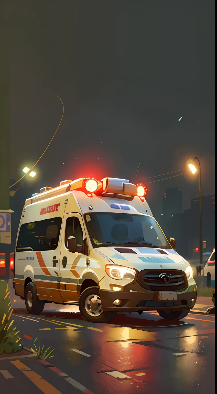 1Ambulance in the city, perfect quality, clear focus (clutter - home: 0.8), (masterpiece: 1.2) (realistic: 1.2) (bokeh) (best quality) (detailed skin: 1.3) (complex details) (8K) (sharp focus), clean background, white background, long view composition, 85MM SHOT