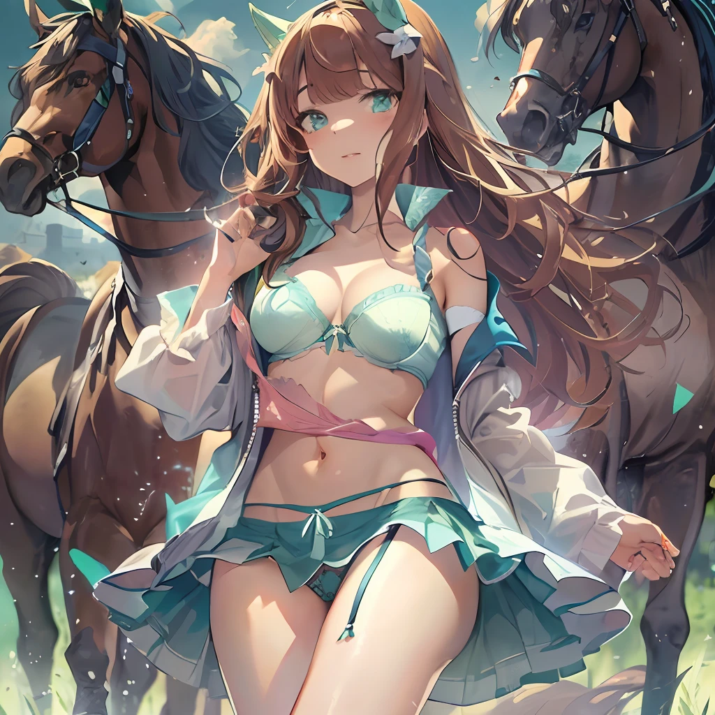 Masterpiece, Best Quality,  close up, face shot,
silence suzuka \(umamusume\), (Beautiful skin:1.5), Absolutely degenerate skin, Highly detailed leather, lifelike skin , (little chest:1.1), degenerate breasts, (masks protruding from the bra:1.3), (chest at a distance:1.2), (The bra shines through:1.3) brown hair, turquoise eyes, (Bright degeneration of the eye:1.3), (The skirt is very short:1.5), short skirt, (((Beautiful panties))), (((VERY DEGENERATE PANTIES))), panties peeking out from under the skirt, Horses high quality, The girl is standing with her back, (The girl looks around:1.2) Pulled out panties, The girl is on all fours.