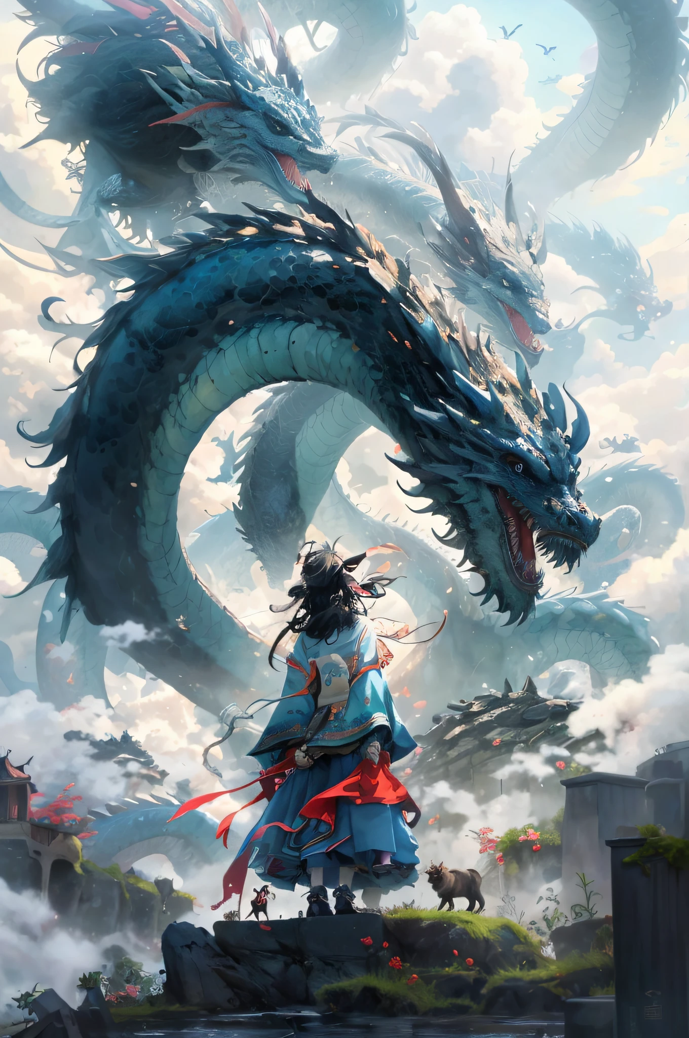 anime art of a woman standing in front of a dragon, cyan chinese dragon fantasy, by Yang J, chinese dragon concept art, chinese fantasy, majestic japanese dragon, anime fantasy illustration, blue dragon, a dragon made of clouds, alice x. zhang, by Li Zai, anime fantasy artwork, 2. 5 d cgi anime fantasy artwork, by Bayard Wu