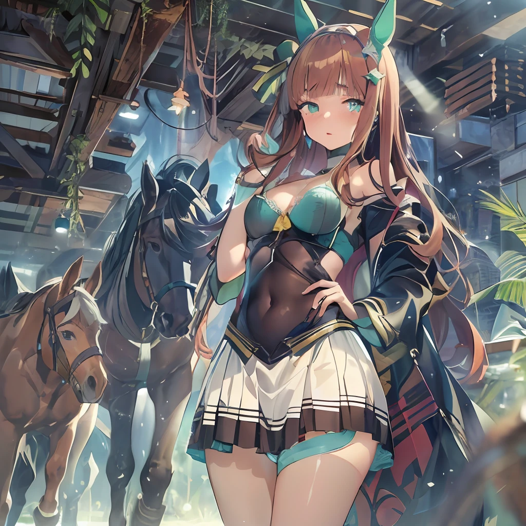 Masterpiece, Best Quality, close up, face shot,
silence suzuka \(umamusume\), (Beautiful skin:1.5), Absolutely degenerate skin, Highly detailed leather, lifelike skin , (little chest:1.1), degenerate breasts, (masks protruding from the bra:1.3), (chest at a distance:1.2), (The bra shines through:1.3) brown hair, turquoise eyes, (Bright degeneration of the eye:1.3), (The skirt is very short:1.5), short skirt, (((Beautiful panties))), (((VERY DEGENERATE PANTIES))), panties peeking out from under the skirt, Horses high quality, The girl is standing with her back, (The girl looks around:1.2) Pulled out panties, The girl is on all fours.