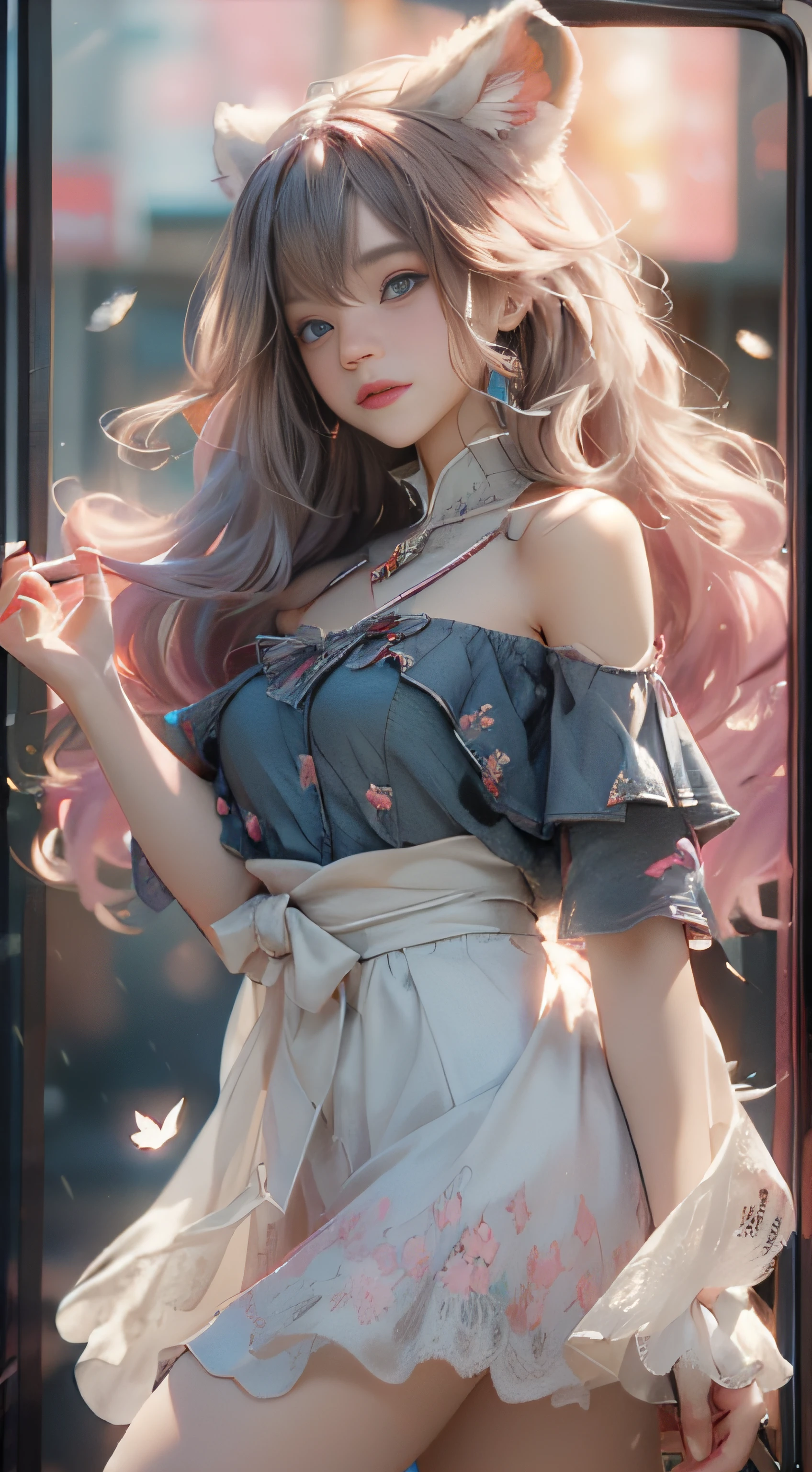 ((best qualtiy)), ((tmasterpiece)), (detail:1.4), Beautiful cyberpunk female images,hdr(HighDynamicRange),Ray traching,NVIDIA RTX,Hyper-Resolution,illusory 5,sub surface scattering,PBR textures,post-proces,Anisotropy Filtering,depth of fields,maximum definition and sharpness,Many-Layer Textures,Albedo e mapas Speculares,Surface coloring,Mitsu-Accurate simulation of material interactions,perfectly proportioned,rendering by octane,Two-colored light,largeaperture,Low ISO,White balance,Rule three points、8K raw data、Beautiful bright blue pupils,off-the-shoulder clothes,Fine pupils,Delicate face and eyes,long eyelasher,Blushlush,Delicate and fluffy hair,pink lip,Pure,Cute face,Sweet girl,Artistic sense,Casual wear,Advancedsense,butterflys,Cherry blossom petal,Beautiful hair accessories,Long hair and waist,Hair fluttering in the wind,Snow-white fox ears,curlies,Snow-white fluffy tail,Positive light,The light from the back window is backlighted
