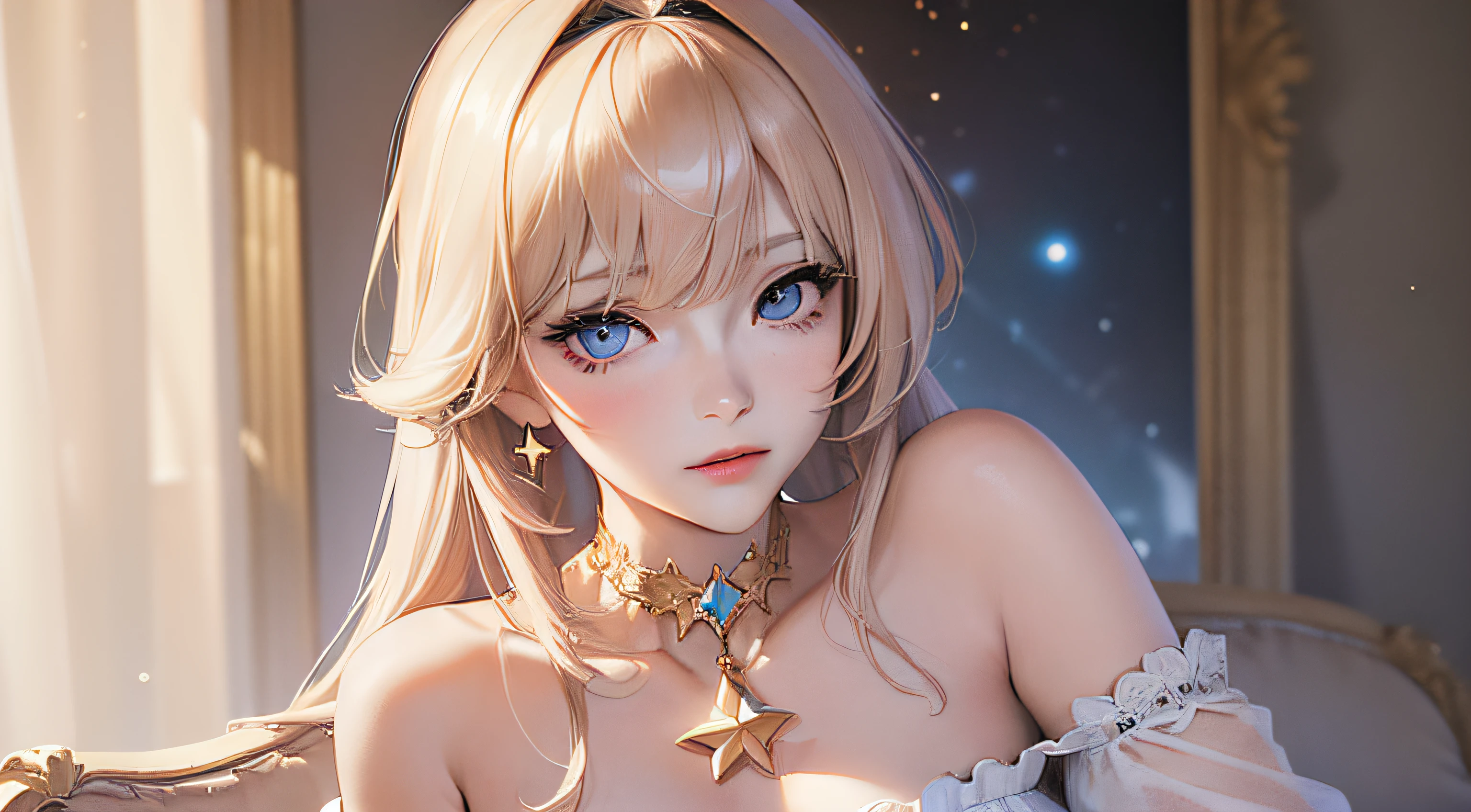 (photorealistic:1.4), (masterpiece, side dim light, finely detailed beautiful eyes: 1.2), masterpiece*portrait, realistic, 3d face, Stelle \(honkai star rail\), 1girl, white oversize T-shirt, bare shoulder, universe, rail, bangs, blush, shy, lustful eyes, medium long hair, looking at viewer, gasp, medium breasts