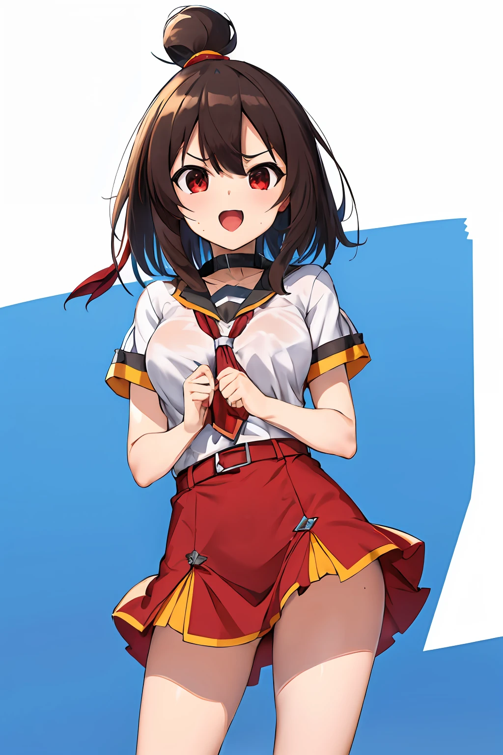master part, best quality, Altas, 1girl, Megumin Konosuba, sozinho, High School Uniform Kita, Colar de marinheiro azul,  colar de marinheiro, saia azul, brown hair, short hair, olhos castanhos, pulseira, faixa de cabelo, medium hair, fita, Meias, medium breasts, cowboy shot, red eyes