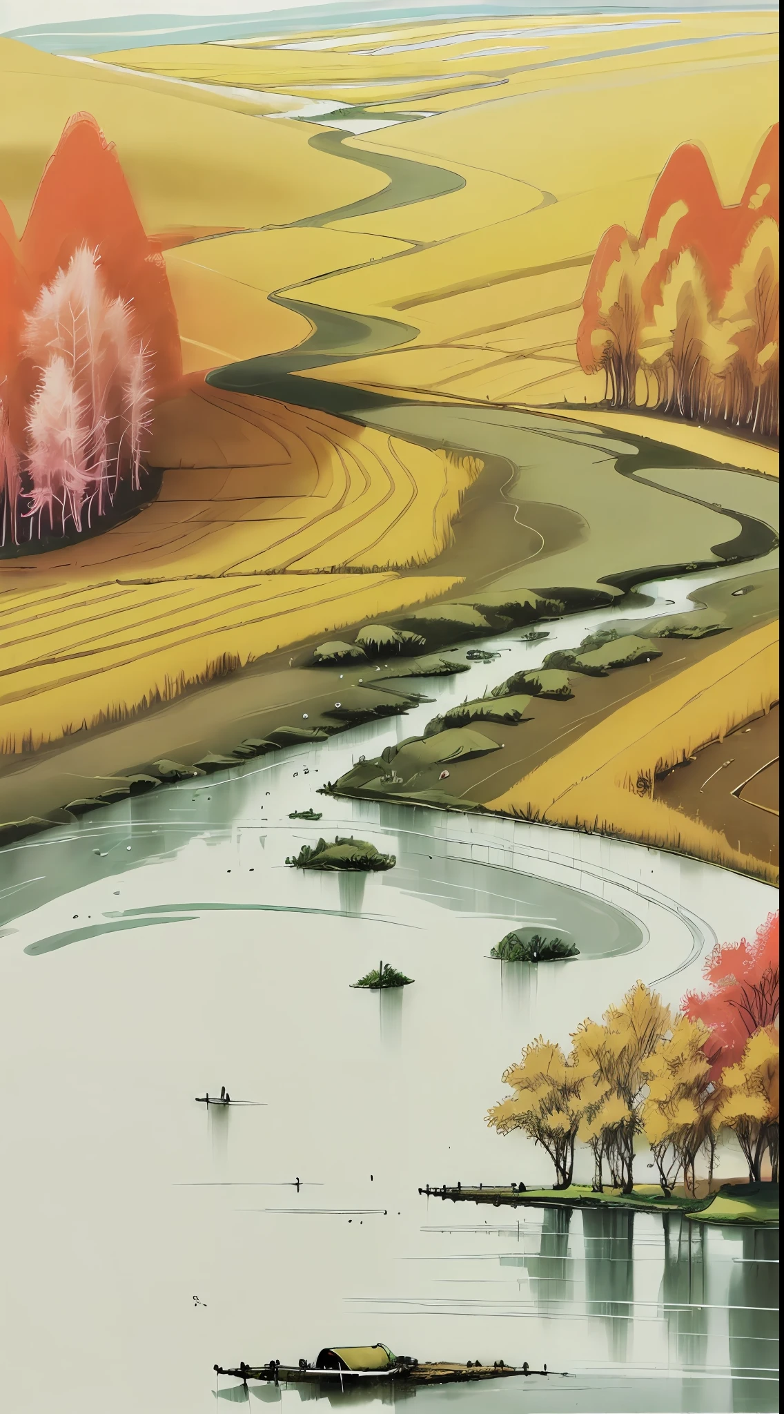 (((masterpiece))),bestquality,illustration,beautifuldetailedglow,
paper_cut, simple background , no human,trees,village,river,  wheat field,  outside border
