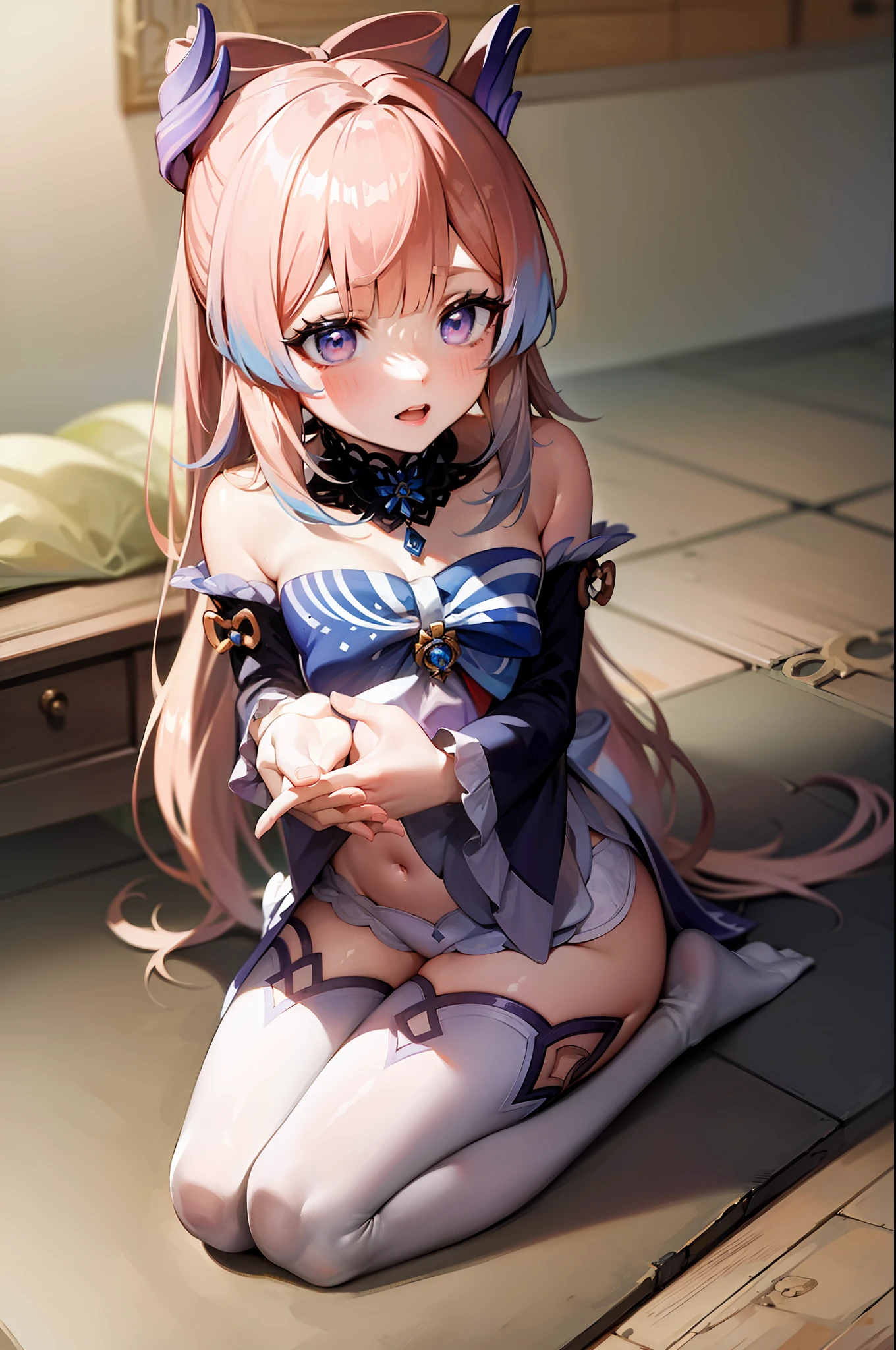 (masterpiece), best quality, expressive eyes, perfect face,w sitting, w sitting on ground, arm between legs, both arm between legs, anime character,genshin impact,woman,kokomidef,kokomirnd
