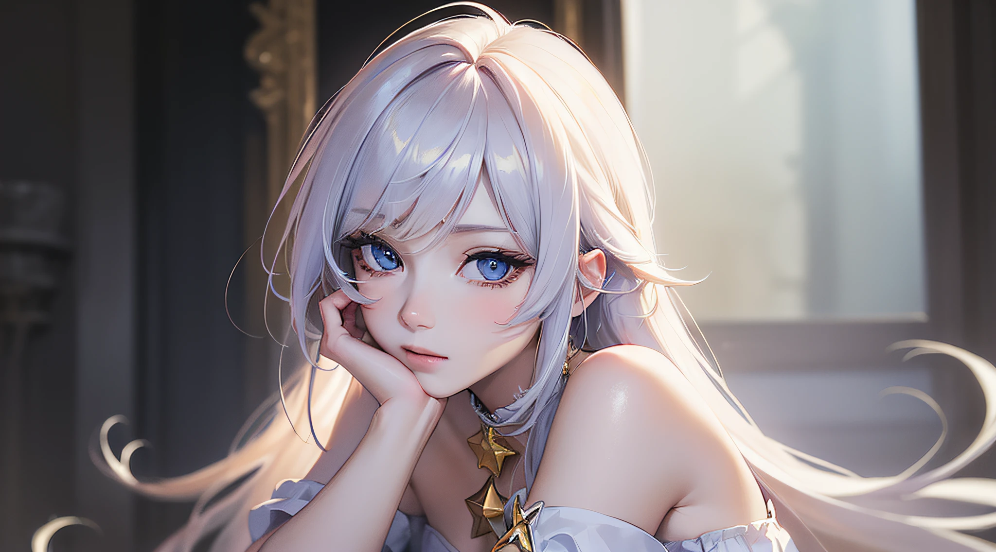 (photorealistic:1.4), (masterpiece, side dim light, finely detailed beautiful eyes: 1.2), masterpiece*portrait, realistic, 3d face, Stelle \(honkai star rail\), 1girl, white oversize T-shirt, bare shoulder, universe, rail, bangs, blush, shy, lustful eyes, medium long hair, looking at viewer, gasp, medium breasts
