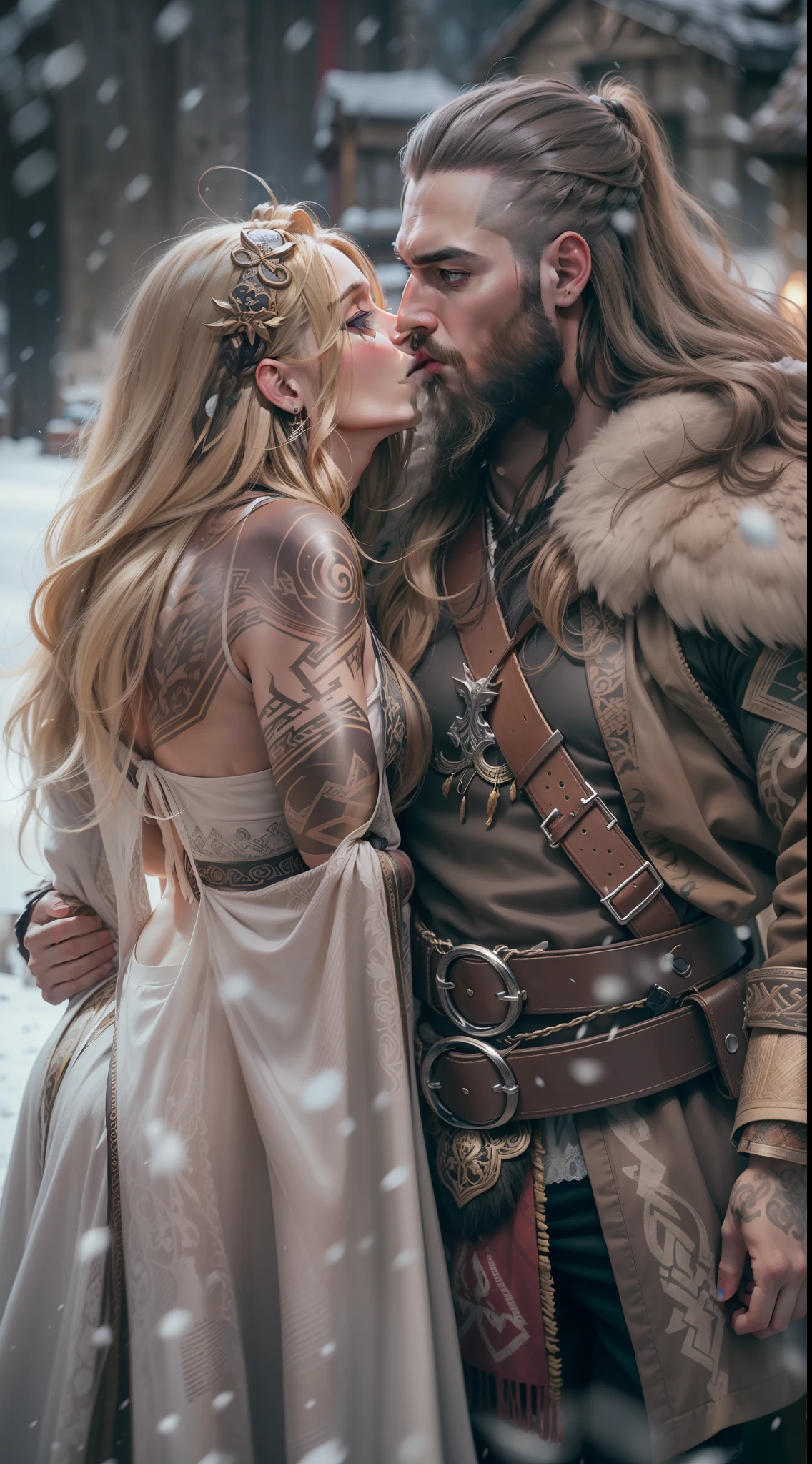 man long hair shaved on the side, stylish beard and woman long hair, golden eyes, kissing, vikings super strong, muscular, leather clothing, viking tattoos, a background village,falling snow, 35mm lens, photography, ultra details, precise texture details HDR, UHD,64K,