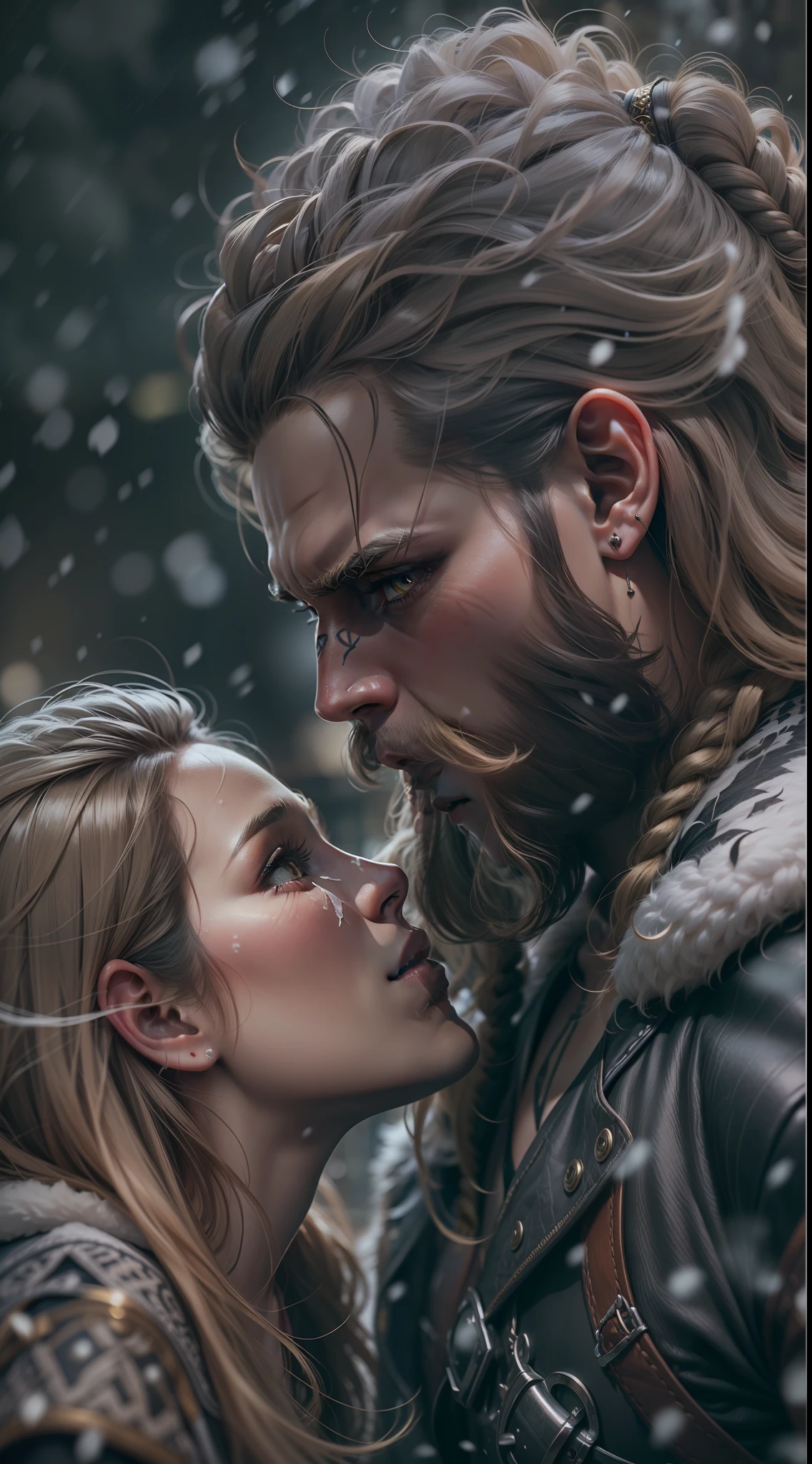 man long hair shaved on the side, stylish beard and woman long hair, golden eyes, kissing, vikings super strong, muscular, leather clothing, viking tattoos, a background village,falling snow, 35mm lens, photography, ultra details, precise texture details HDR, UHD,64K,