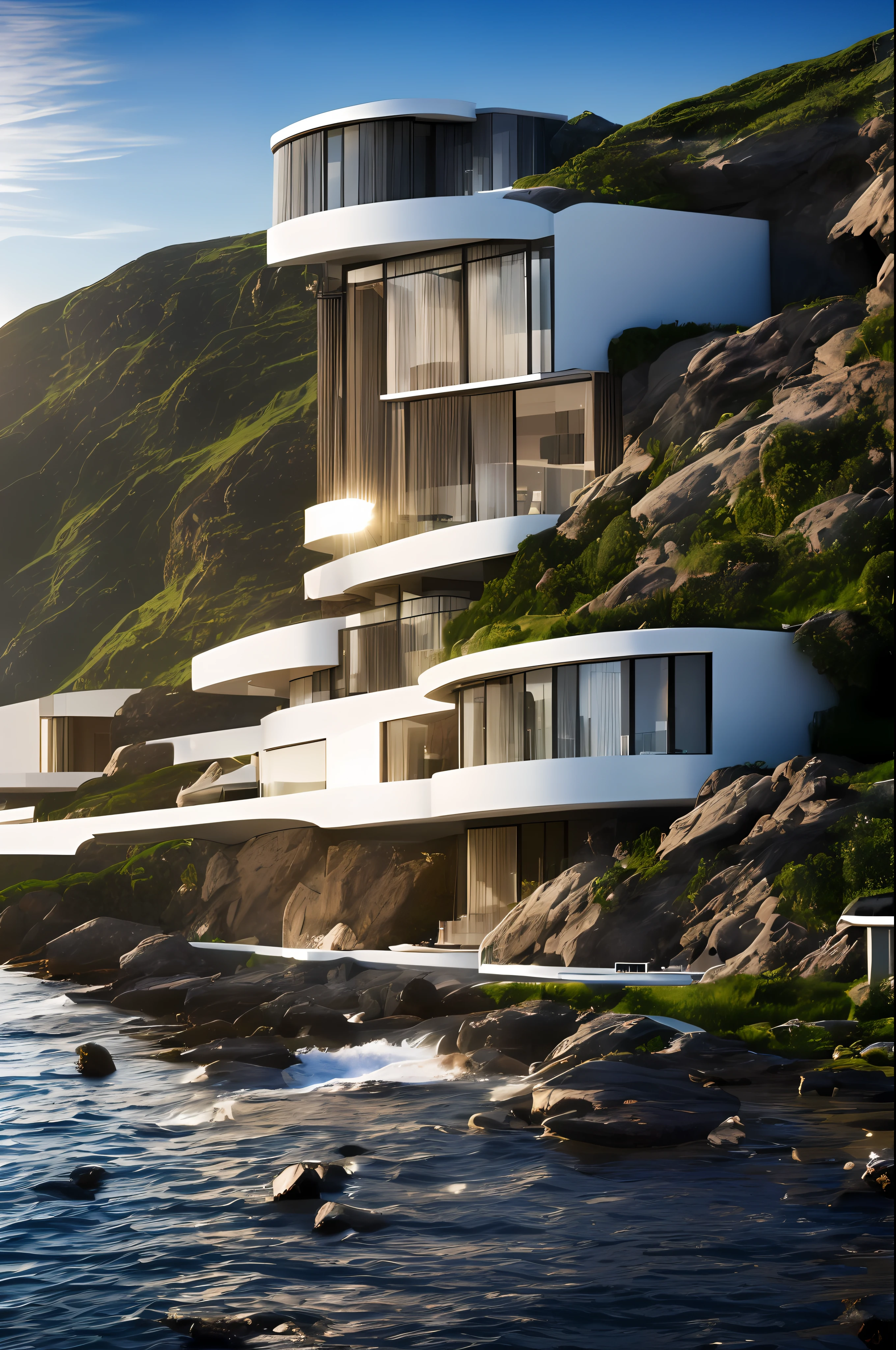 Modern architecture, modern luxury residence, realistc, futuristic, on cliff, water stream, waterfall, sea, beach, trees, rocks, sky, cloud, wind, sunset, sunlight, dawn,  (8K, masterpiece), (high quality), (best quality), (extremely full detailed), high res