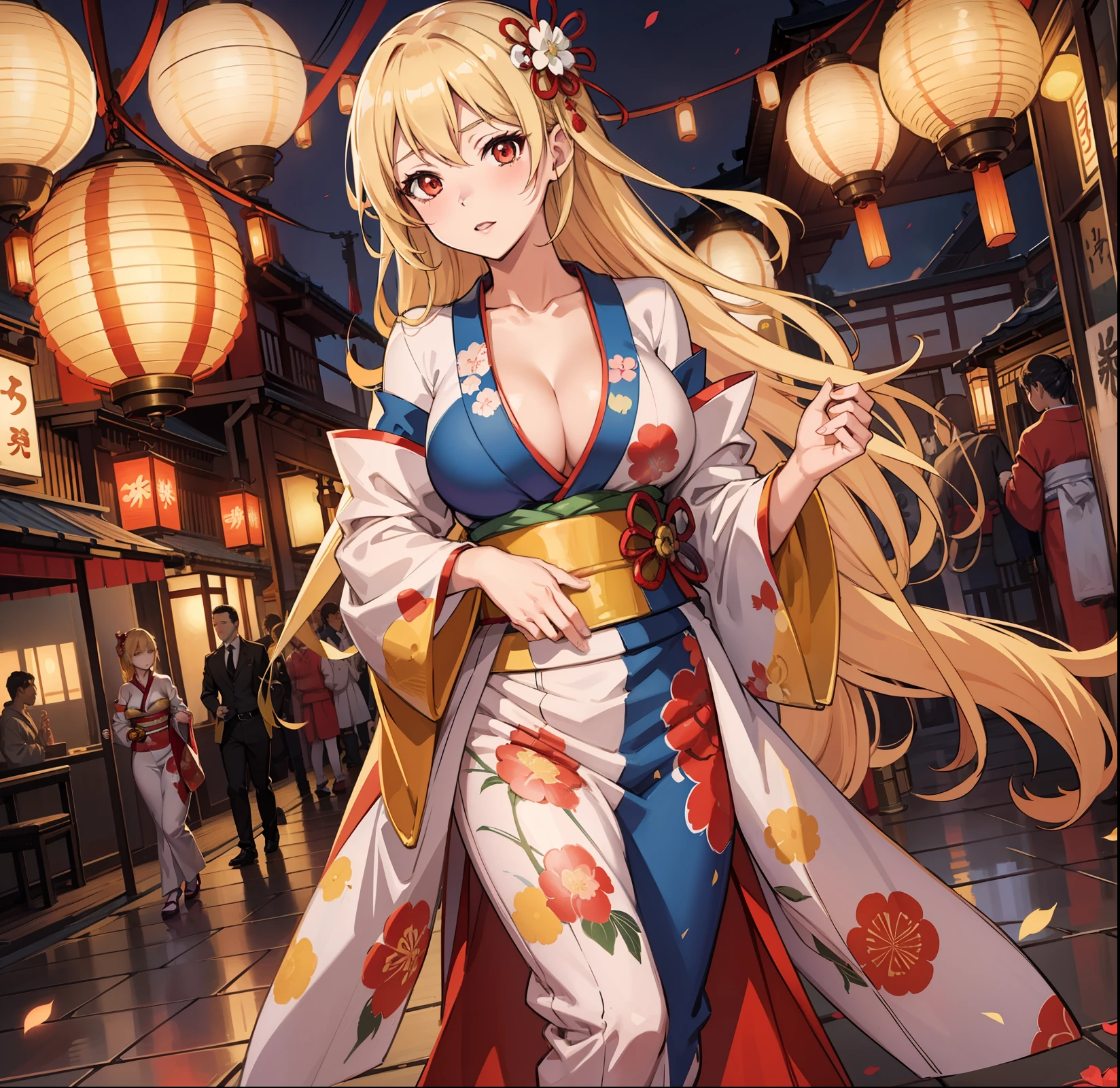 Illustrate an anime girl in a traditional kimono, strolling through a lantern-lit festival, radiating charm and elegance, blonde, full body shot, sexy, seductive, , revealing outfit, large breasts, cleavage, skinny, thin, full body shot