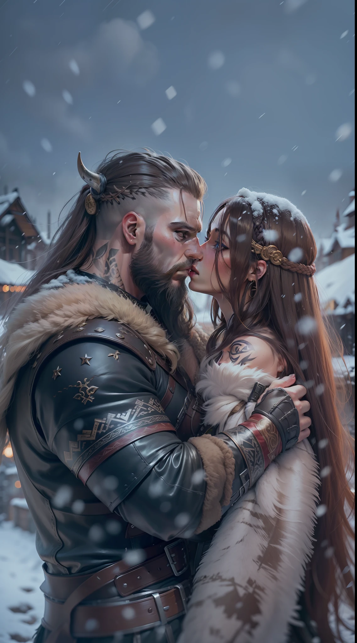 man long hair shaved on the side, stylish beard and woman long hair, golden eyes, kissing, vikings super strong, muscular, leather clothing, viking tattoos, a background village,falling snow, 35mm lens, photography, ultra details, precise texture details HDR, UHD,64K,