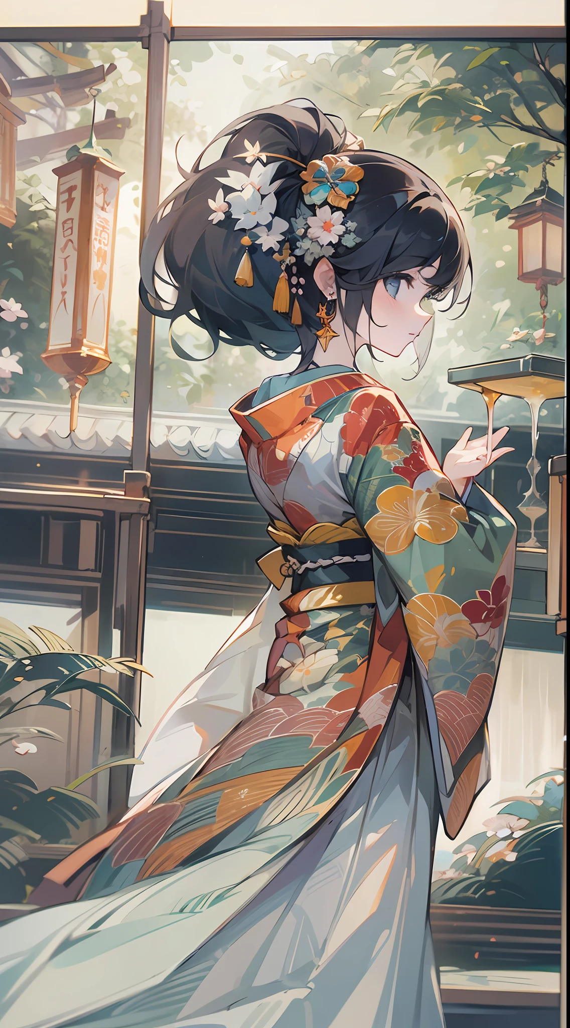 (Masterpiece, Top quality, Best quality, offcial art, Beautiful indulgence: 1.2), (Japanese dress), arms back behind, (Upper body only), (1 girl: 1.3), Japan  Woman, Very detailed, Colorful, best detail ((Super detailed)), (Very detailed 2DCG illustration), (((Very delicate and beautiful)) (Seated), Expressionless, Black hair, kanzashi, Earrings --auto --s2