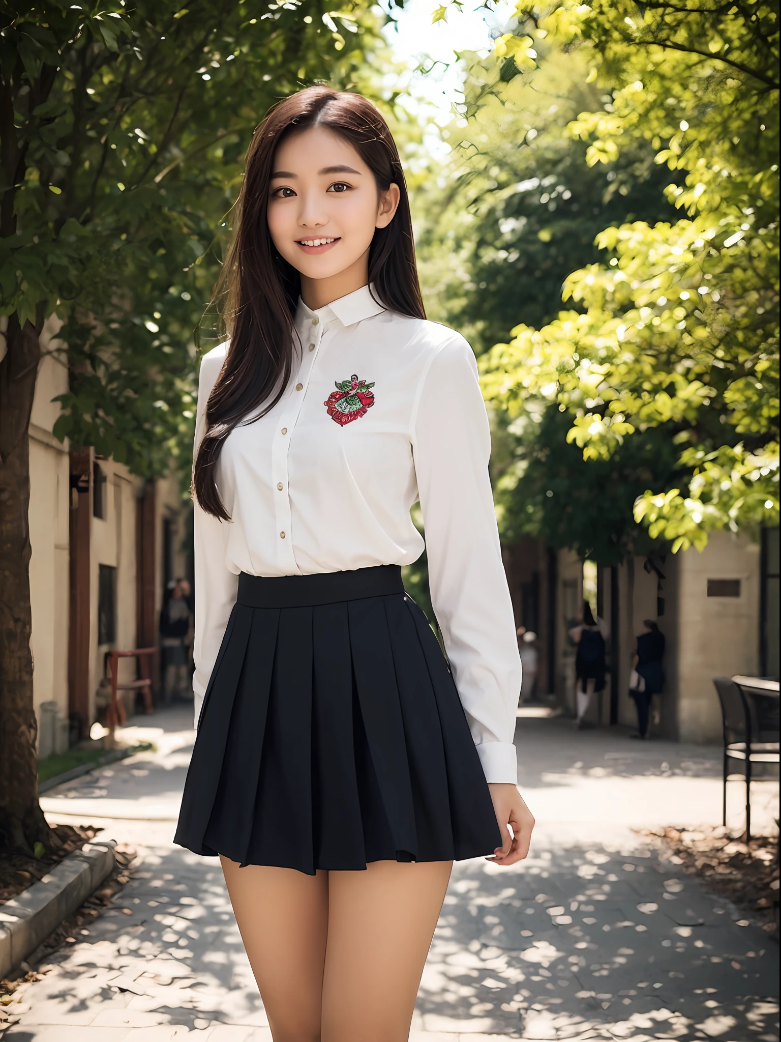 (RAW style, cowboy shot, masterpiece, best quality) An extremely beautiful 22 years old college girl stands at the heart of her university campus, exuding a youthful charm and elegance. She wears a white, form-fitting blouse that complements her figure, paired with a fashionable mini skirt that gracefully accentuates her legs. The skirt is adorned with intricate patterns and subtle embroidery, adding a touch of sophistication to her outfit. Her demeanor is confident yet approachable, as she gracefully tours the college grounds, surrounded by lush greenery and historic buildings. The atmosphere is filled with a sense of academic enthusiasm and camaraderie among students. The style is photo-realistic, capturing every intricate detail of the girl's attire, the surrounding architecture, and the natural lighting that softly illuminates the scene. The camera used is a top-of-the-line professional DSLR, such as a Canon EOS 5D Mark IV, ensuring the highest level of clarity and sharpness. Lens: Canon EF 50mm f/1.2L USM. Settings are optimized for vibrant colors and balanced exposure.