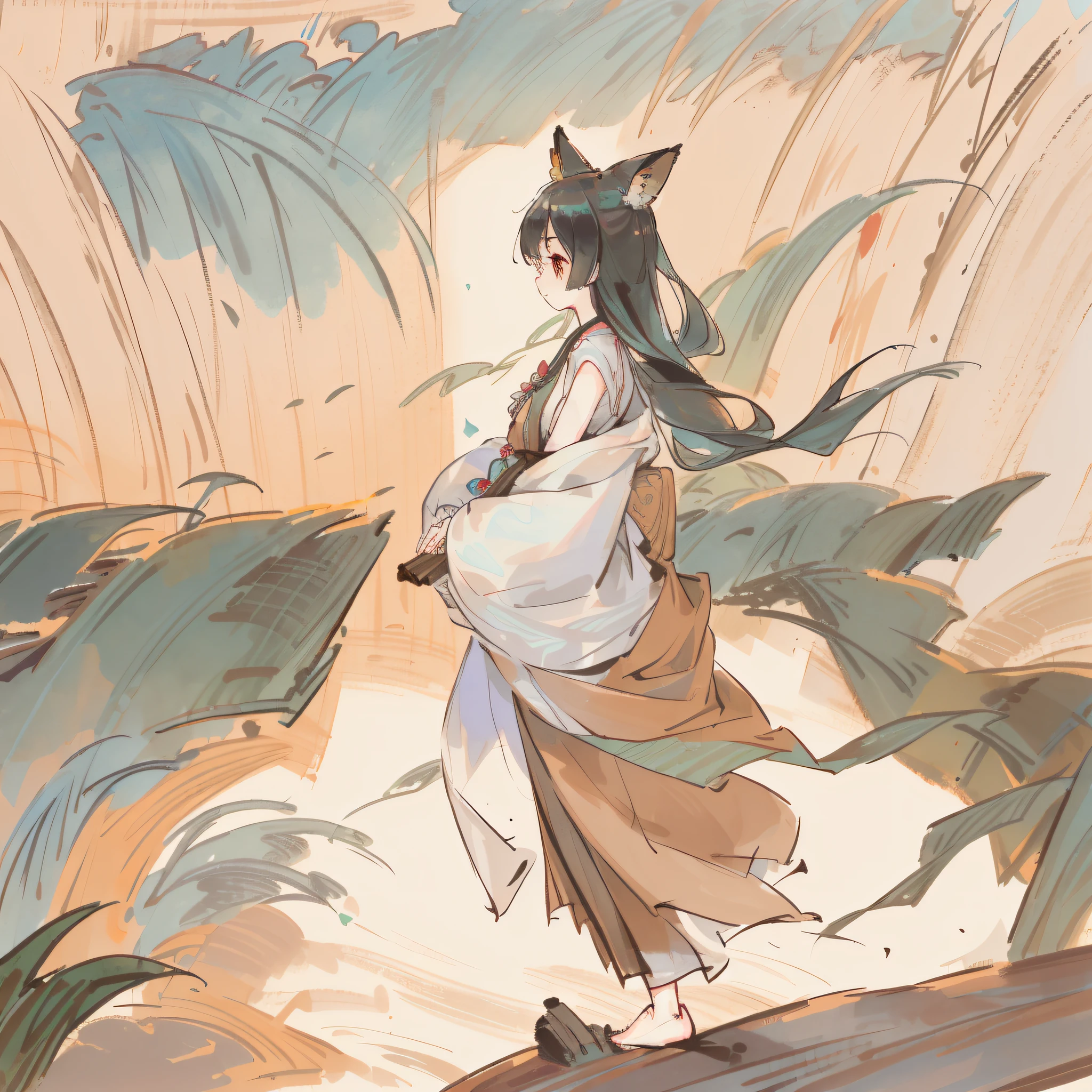 ((4K,Masterpiece,Best quality,Meticulous detail)),ink wash style, Traditional Chinese painting, , long skirt,1 rapariga, 独奏, whaite hair, long beautiful hair, fox ear, Exquisite facial features,sneak shot, ,cropped shoulders,upper legs,(mountain water),(A small bird stands on the girl's head),(Green Willow),Small rivers,(Landscape photos),outside,(bamboos),standing on your feet,((feet in water,)),Stand in corrugated water, (The barefoot),Fine details,Comfortable visual experience