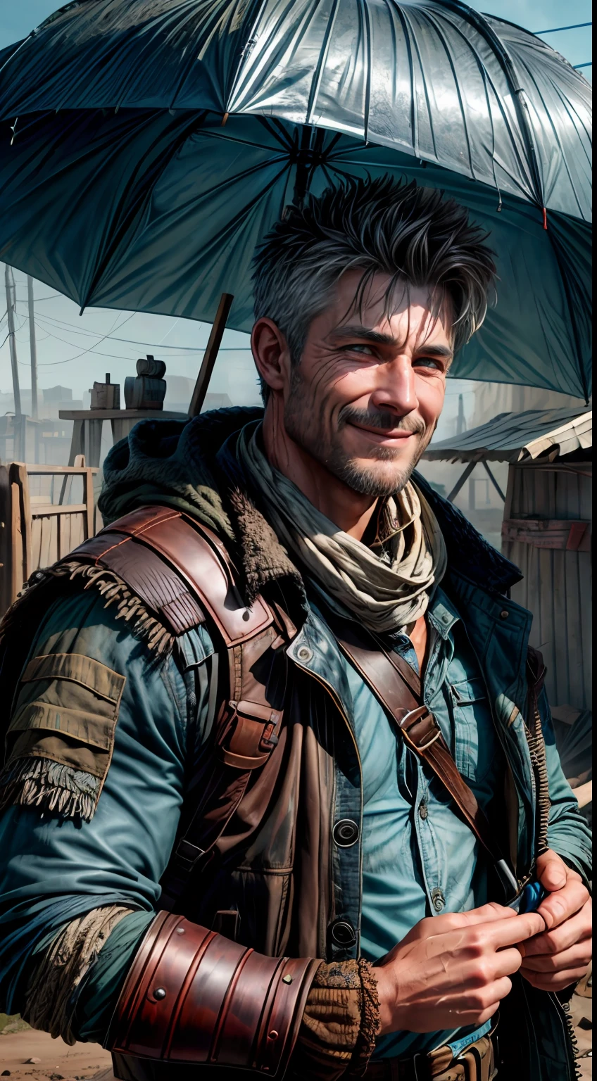 (((It's raining heavily, Clothes are wet, raindrops on the face, holding an umbrella with his hands))), A Punk from the Wasteland stands in the middle of the Wasteland (((portraite of a, a closeup of a, Smiling))), engulfed in swirling dust storms. The camera zooms in on a man, capturing the intensity in his eyes, when he looks into the distance. The details of his weathered clothes and makeshift armor become clearer with each zoom, Patchwork quilt made of materials, sewn together. When the zoom reaches its peak, The focus shifts to his hands, who hold disposed weapons in their hands, demonstration of the character's resourcefulness and survival skills. The hint is implemented in the style of 3D sculpture, Using a combination of modeling and texturing techniques to bring the character and environment to life.