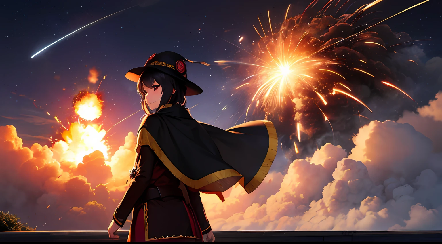 (Best quality), (Masterpiece), (Realistic,) (photo-realistic), Ultra-detailed, 
1girll,(back),grin,Solo,
Aromatic,megumin's style, Cape,Hat, Glowing eyes,Red eyes,v shape eyebrow,Short hair,
Outdoor,wilderness,(Explosion:1.3),explosion cloud,,(smoke explosion),erupting,cumulonimbus clouds,
style1-fC, 
,Starry sky,meteors,
Professional lighting, photon maping,  Physically-based rendering,