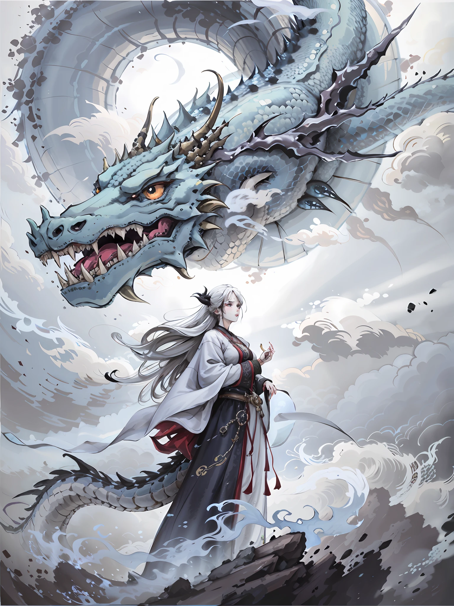 Dynamic Lighting, Art Station, Poster, Volume Lighting, Very Detailed Faces, 4k Wallpaper, Award-Standing, 1 Girl with White Hair, Long Flowing Hair, Ponytail, Fringed Hair Ornament, Dynamic Perspective, White Hanfu, White Gauze Flying, Red Belt, Sexy, Traditional Chinese Ink Painting, Surrounded by Clouds and Mist, Mist, Riding a White Dragon Dragon Head, Stroking the Dragon Head, White Dragon Horns, Dynamic Perspective, Movie Lighting,