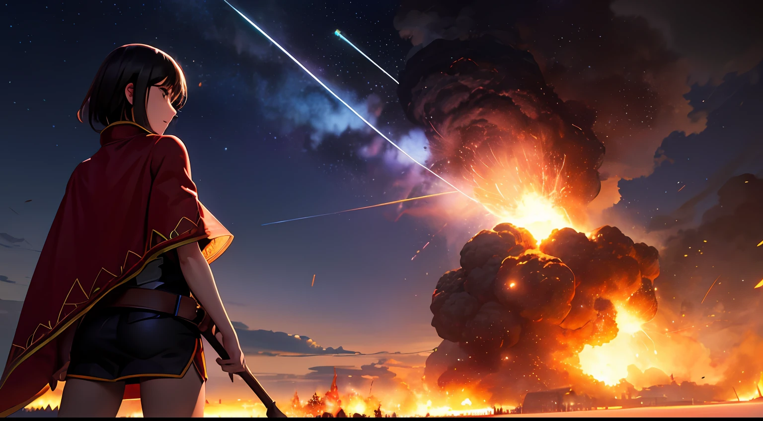 (Best quality), (Masterpiece), (Realistic,) (photo-realistic), Ultra-detailed, 
1girll,(back),grin,Solo,
Aromatic,megumin's style, Cape,Hat, Glowing eyes,Red eyes,v shape eyebrow,Short hair,
Outdoor,wilderness,(Explosion:1.3),explosion cloud,,(smoke explosion),erupting,cumulonimbus clouds,
style1-fC, 
,Starry sky,meteors,
Professional lighting, photon maping,  Physically-based rendering,