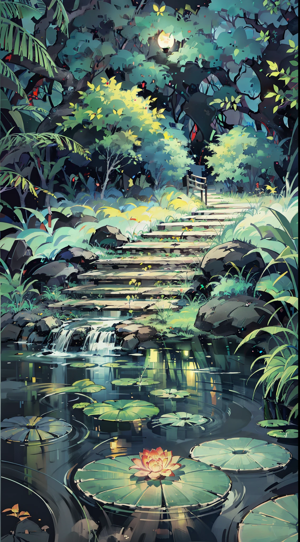 Masterpiece, best quality, (very detailed CG unity 8k wallpaper), (best quality), (best illustration), (best shadows), luminous sprite, mountain stream, (ancient Chinese architecture), stream, clear water near the lake, natural elements in a forest theme. Night Mysterious Forest, beautiful night forest, lotuses in the water, stone steps, stone bridge, night nature surrounded by night flowers, leaves and red branches surrounded by fireflies (natural elements), (night blackout), (night dark sky), (night jungle theme), (red glowing grass), (leaves), (branches), (red fireflies), (particle effects), 3D, dark background, Octane rendering, ray tracing, super detail, night, moon