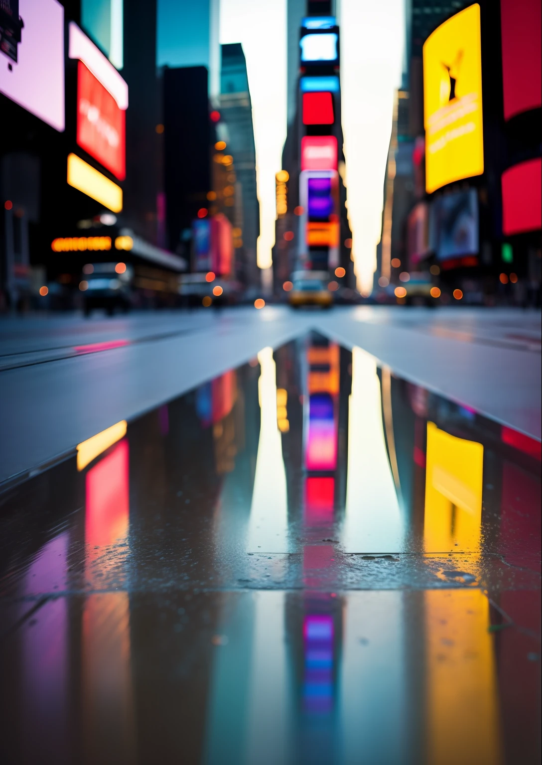 Times Square, reflection on the ground, Morning light, sol, amazing fine details, film photography Nikon D850 Kodak Portra 400 camera f1.6 lente, cores claras, textura realista, ambiente urbano, highrise, neon signs, trending on ArtStation, cinestill 800 tungsten, foto do ano,