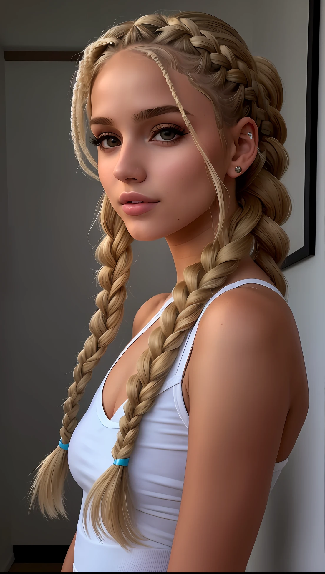 mulher argada com cabelos longos e um top branco esportivo posando para uma foto, blonde braids and Brown eyes, menina modelo bonita, modelo bonito da menina, lindo modelo jovem, penteado pigtails, menina jovem bonita, rabo de porco longo, modelo bonito, menina muito bonita, modelo muito bonito, menina loira bonita, Taran Dasha, girl with plaits, peitinhos grandes, seios grandes, peitos grandes