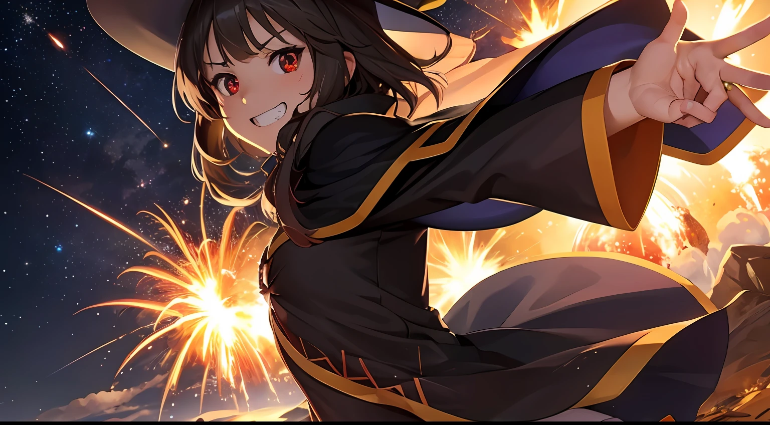 (Best quality), (Masterpiece), (Realistic,) (photo-realistic), Ultra-detailed, 
1girll,(back),grin,Solo,
Aromatic,megumin's style, Cape,Hat, Glowing eyes,Red eyes,v shape eyebrow,Short hair,
Outdoor,wilderness,(Explosion:1.3),explosion cloud,,(smoke explosion),erupting,cumulonimbus clouds,
style1-fC, 
,Starry sky,meteors,
Professional lighting, photon maping,  Physically-based rendering,