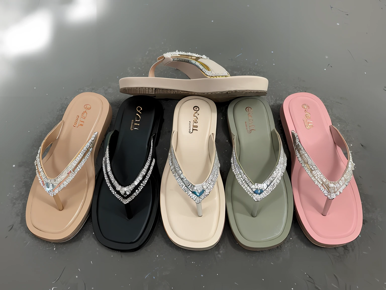 Four pairs of sandals with diamond embellishments, slippers, flat, flipflops, Various colors, 2 colours, sandals, 6 colors, 2 colours, 5 colors, 3 colors, 3 colors, 4 colors, vintage - w 1 0 2 4, CGCOSIETY, 4 colors!!!, 3 colour, full - length view, Summer, 2 0 2 0 fashion