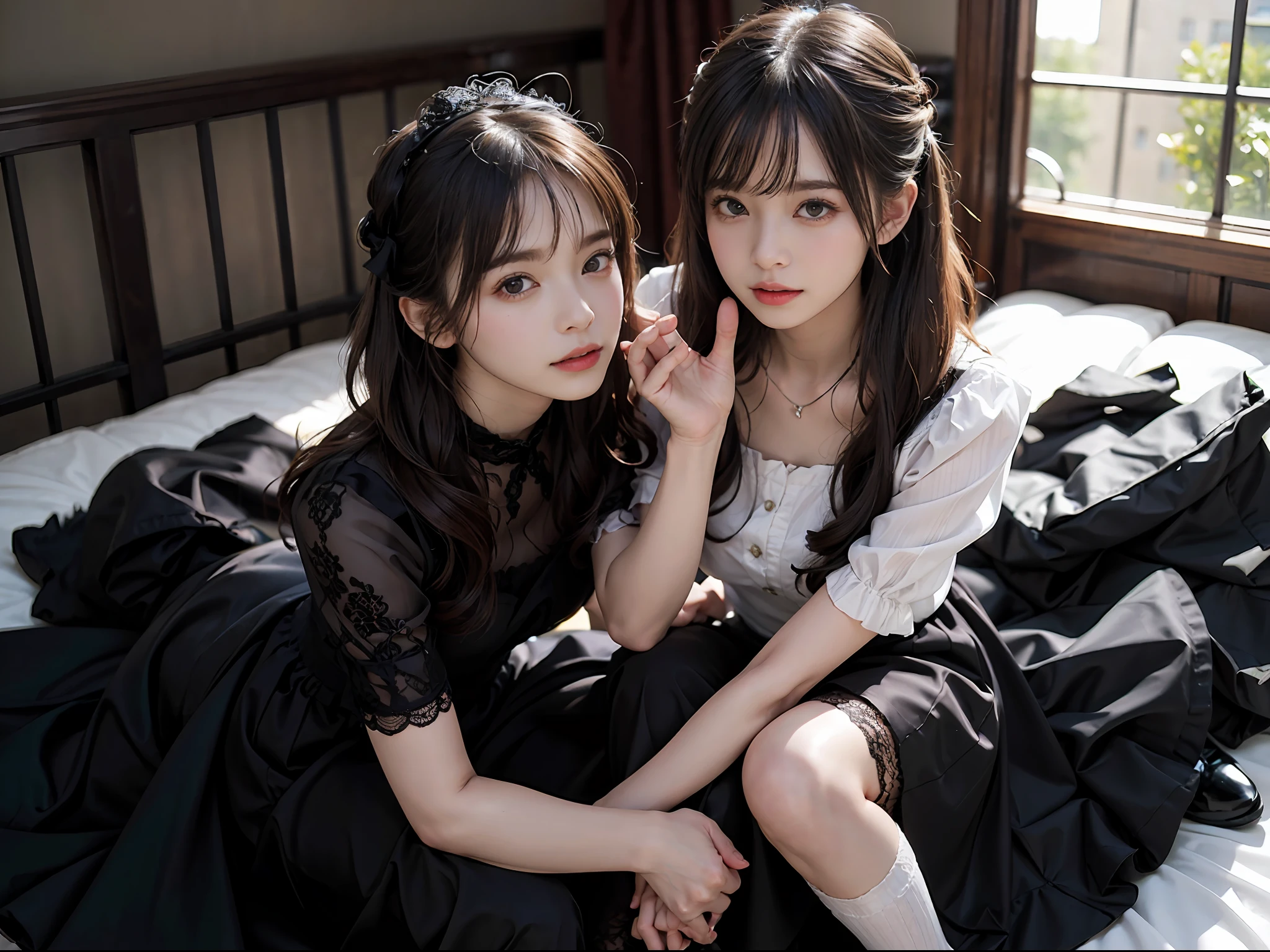 (high-detail:1.4)、(hyper realisitic:1.4)、(Smooth lighting:1.05)、32K、1womanl、20-year-old ta fashion girl、Realistic lighting、Facial Lights、Ray tracing、(brightened light:1.2)、(Quality Improvement:1.4)、(Realistic textured skin of the highest quality:1.4)、fine detailed eyes、A detailed face、Fine quality eye、dark brown eyes、Pink blouse、panties on, Lace white socks、Black shoes、on the beds