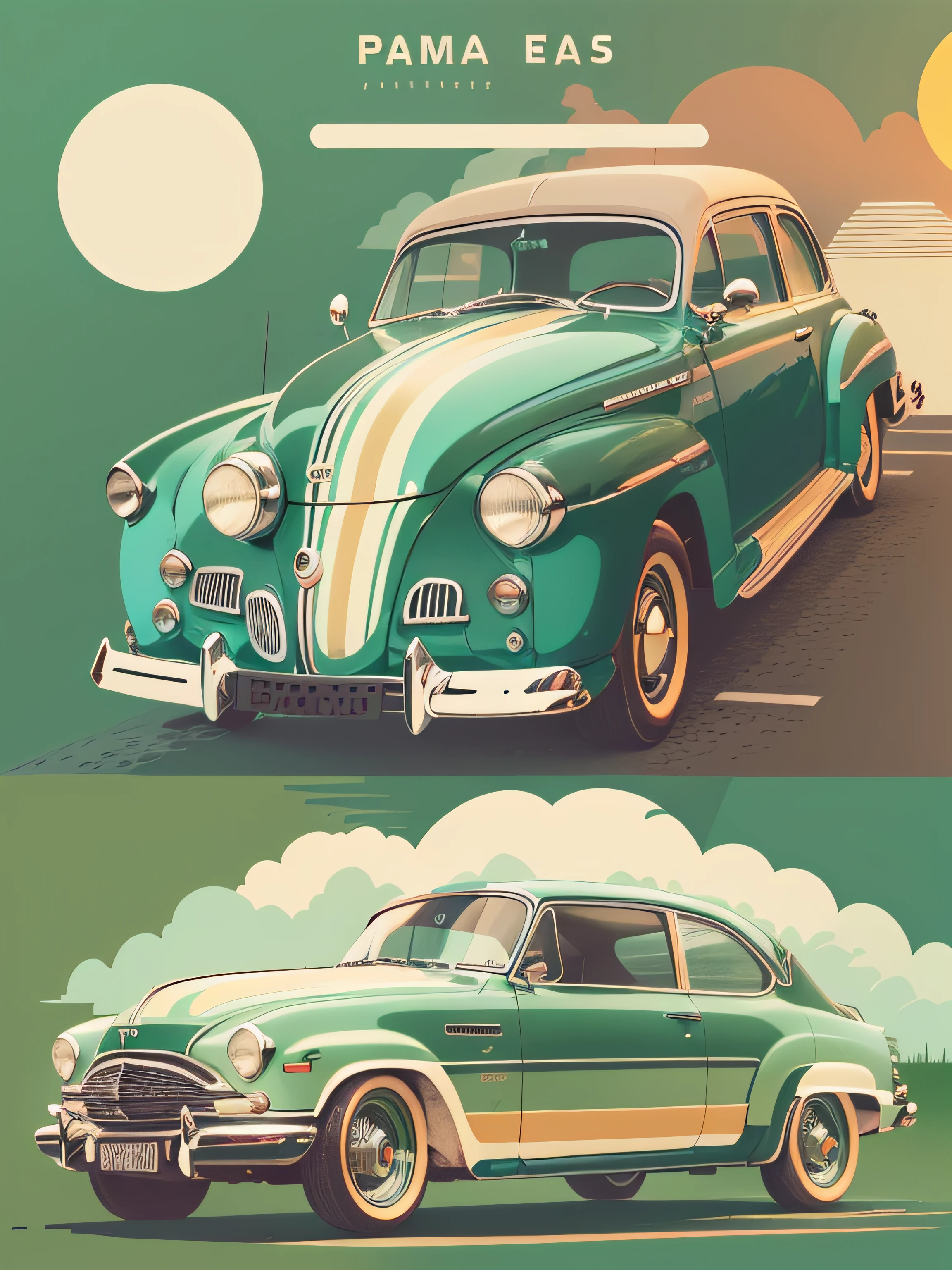 Flat design of one retro car, Palma, Colorful shades, Highly detailed cleaning, vector image, Photorealistic masterpiece, Realistic car, Simple sunrise background for car, flat white background, isometric, Bright vector ((whitebackground))