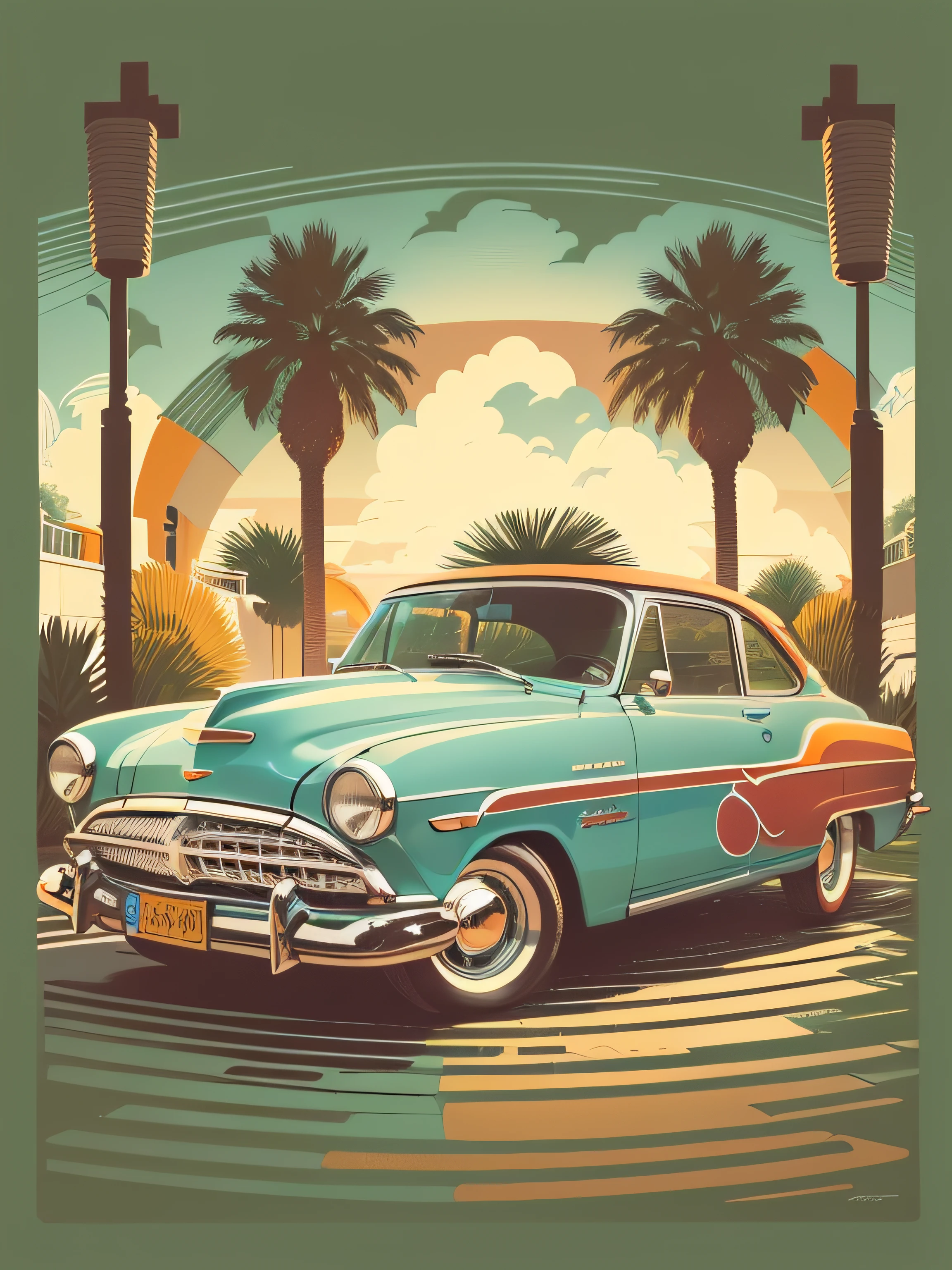 Flat design of one retro car, Palma, Colorful shades, Highly detailed cleaning, vector image, Photorealistic masterpiece, Realistic car, Simple sunrise background for car, flat white background, isometric, Bright vector ((whitebackground))