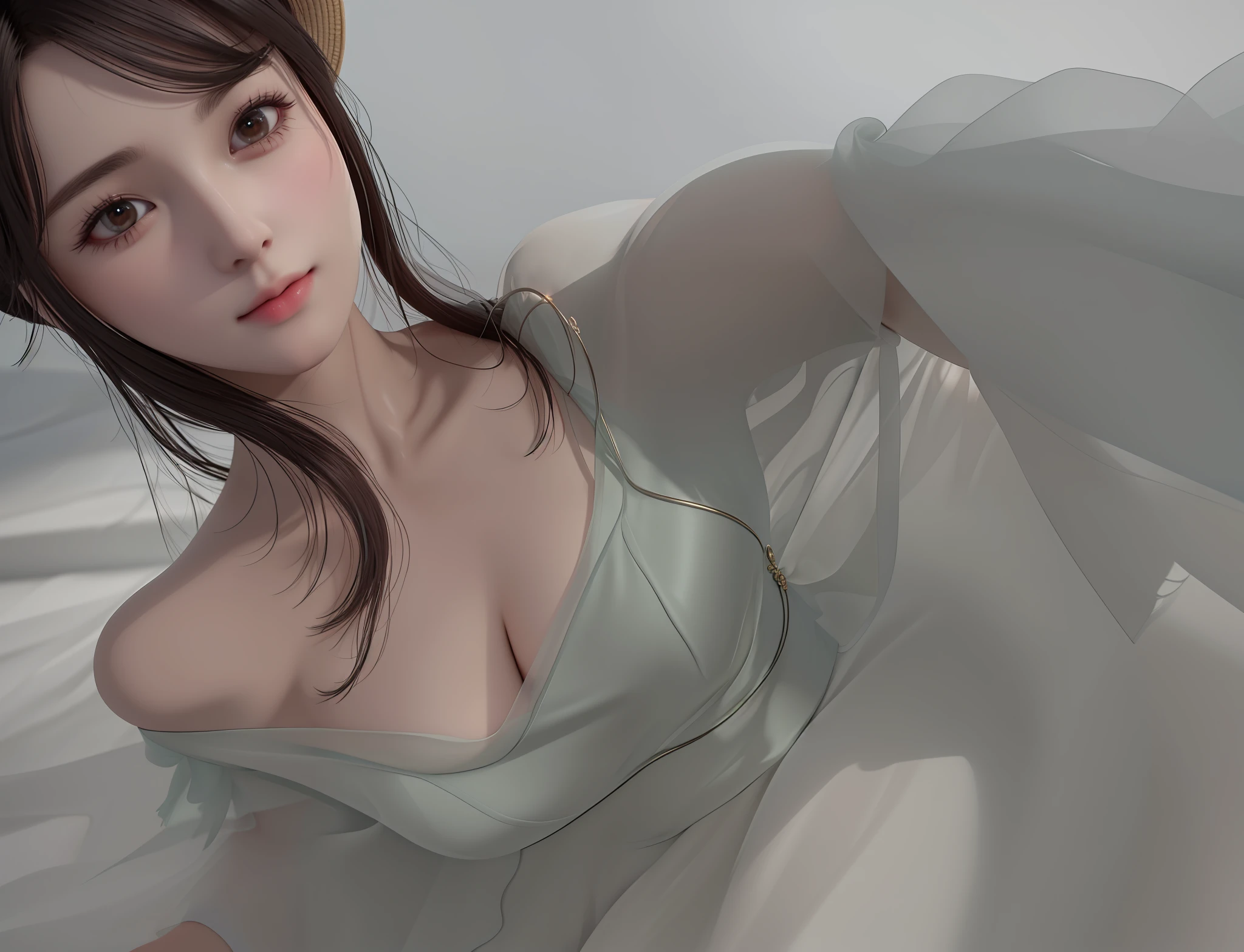 there is a woman that is posing for a picture in a dress, Guviz-style artwork, soft 3d render, Soft portrait shot 8 K, soft digital painting, digital art of an elegant, Soft portrait, Realistic. Cheng Yi, [ 4 K photorealism ]!!!, [ 4 K photorealism ]!!, soft render（closeup cleavage：1.5），（sface focus：2），（???? ???styled:1.5),
（（Lateral face：2）），（1女孩被soft_Light：1.5包围），（The light from the back window is backlighted：1.8），（illuminating），（Flowing fabric：1.3），（（Floral_Summer_dress：1.5），（straw_Hat：1.3）），
（tmasterpiece）， realisticlying， hdr， highly  detailed， 8K， RAW photogr，
Environmental occlusion，naturey，Harmonious composition，a warm color palette，fine art photography, (Masterpiece:1.3), (Best_quality:1.3), (Supergianthugebreasts_Detailed:1.3), 8K, extremely_Clear, Realism, (Ultra photo realsisim:1.3),，