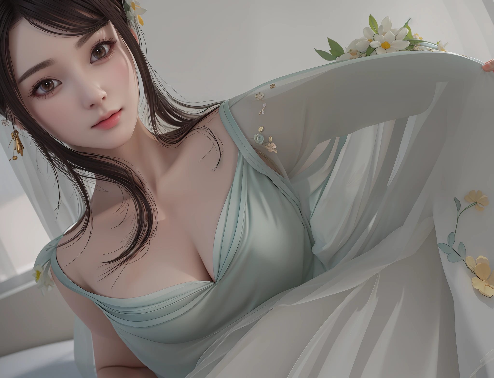 there is a woman that is posing for a picture in a dress, Guviz-style artwork, soft 3d render, Soft portrait shot 8 K, soft digital painting, digital art of an elegant, Soft portrait, Realistic. Cheng Yi, [ 4 K photorealism ]!!!, [ 4 K photorealism ]!!, soft render（closeup cleavage：1.5），（sface focus：2），（???? ???styled:1.5),
（（Lateral face：2）），（1女孩被soft_Light：1.5包围），（The light from the back window is backlighted：1.8），（illuminating），（Flowing fabric：1.3），（（Floral_Summer_dress：1.5），（straw_Hat：1.3）），
（tmasterpiece）， realisticlying， hdr， highly  detailed， 8K， RAW photogr，
Environmental occlusion，naturey，Harmonious composition，a warm color palette，fine art photography, (Masterpiece:1.3), (Best_quality:1.3), (Supergianthugebreasts_Detailed:1.3), 8K, extremely_Clear, Realism, (Ultra photo realsisim:1.3),，