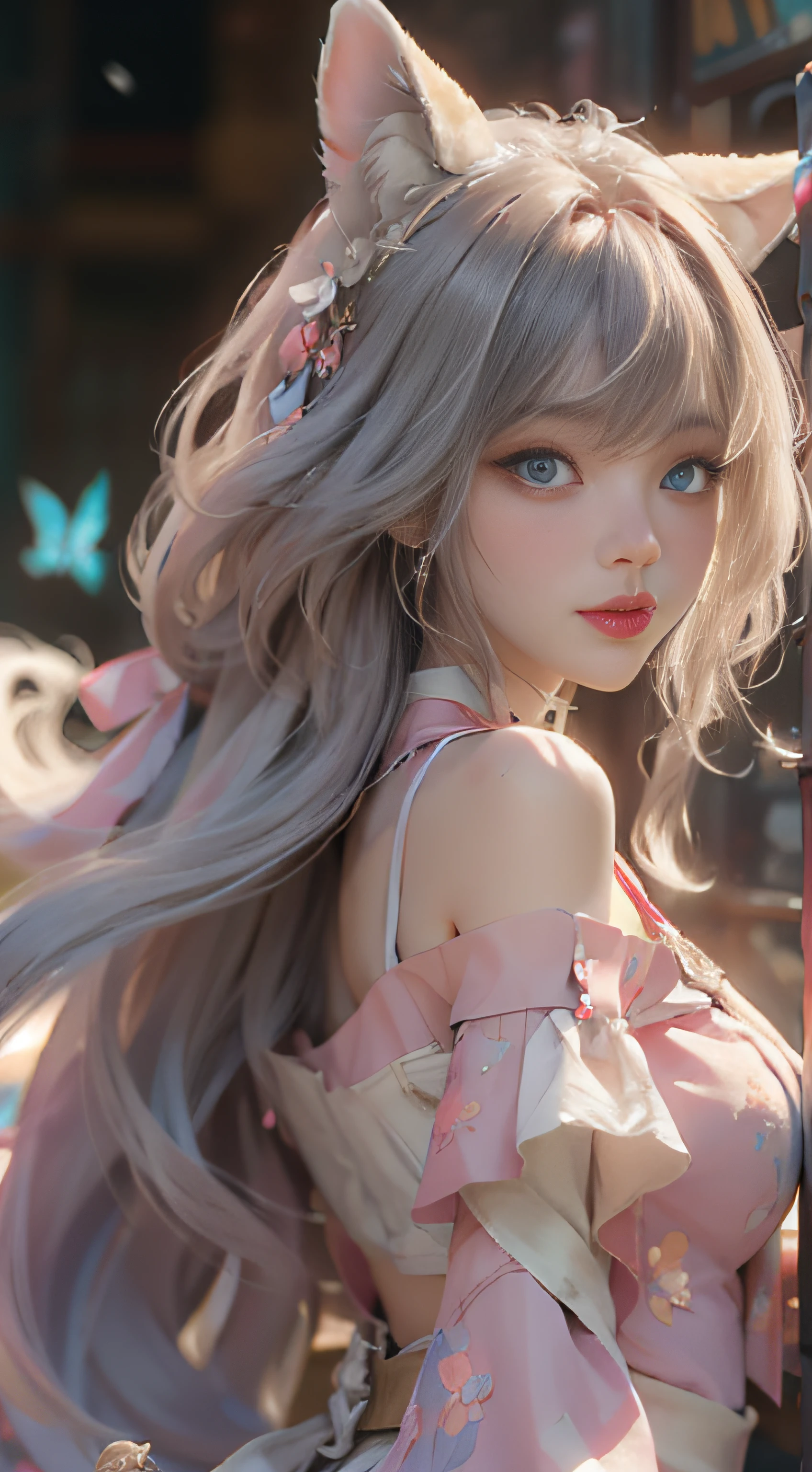 ((best qualtiy)), ((tmasterpiece)), (detail:1.4), Beautiful cyberpunk female images,hdr(HighDynamicRange),Ray traching,NVIDIA RTX,Hyper-Resolution,illusory 5,sub surface scattering,PBR textures,post-proces,Anisotropy Filtering,depth of fields,maximum definition and sharpness,Many-Layer Textures,Albedo e mapas Speculares,Surface coloring,Mitsu-Accurate simulation of material interactions,perfectly proportioned,rendering by octane,Two-colored light,largeaperture,Low ISO,White balance,Rule three points、8K raw data、Beautiful bright blue pupils,off-the-shoulder clothes,Fine pupils,Delicate face and eyes,long eyelasher,Blushlush,Delicate and fluffy hair,pink lip,Pure,Cute face,Sweet girl,Artistic sense,Casual wear,Advancedsense,butterflys,Cherry blossom petal,Beautiful hair accessories,Long hair and waist,Hair fluttering in the wind,Snow-white fox ears,curlies,Snow-white fluffy tail,Positive light,The light from the back window is backlighted