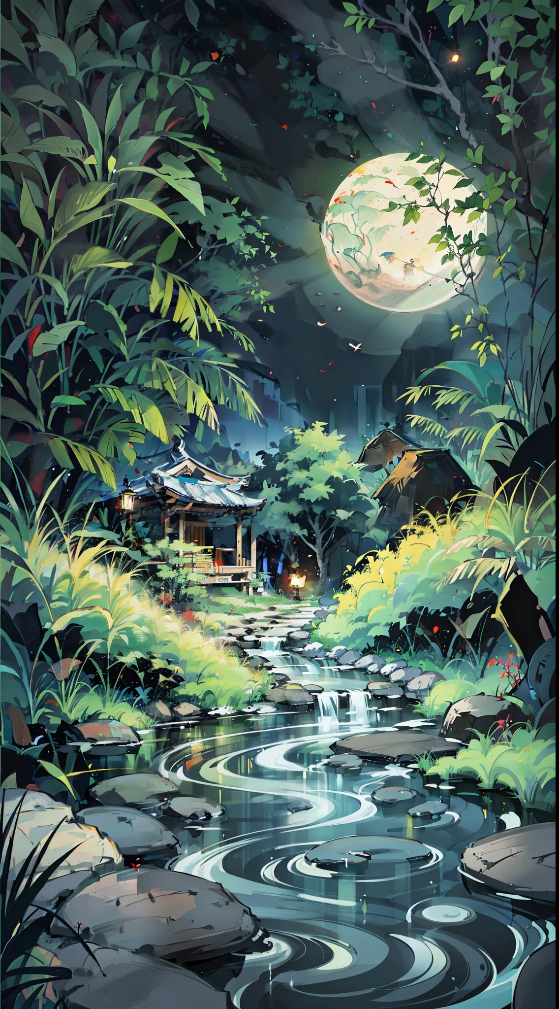 Masterpiece, best quality, (very detailed CG unity 8k wallpaper), (best quality), (best illustration), (best shadows), luminous sprite, mountain stream, (ancient Chinese architecture), stream, clear water near the lake, natural elements in a forest theme. Night Mysterious Forest, beautiful night forest, lotuses in the water, stone steps, stone bridge, night nature surrounded by night flowers, leaves and red branches surrounded by fireflies (natural elements), (night blackout), (night dark sky), (night jungle theme), (red glowing grass), (leaves), (branches), (red fireflies), (particle effects), 3D, dark background, Octane rendering, ray tracing, super detail, night, moon