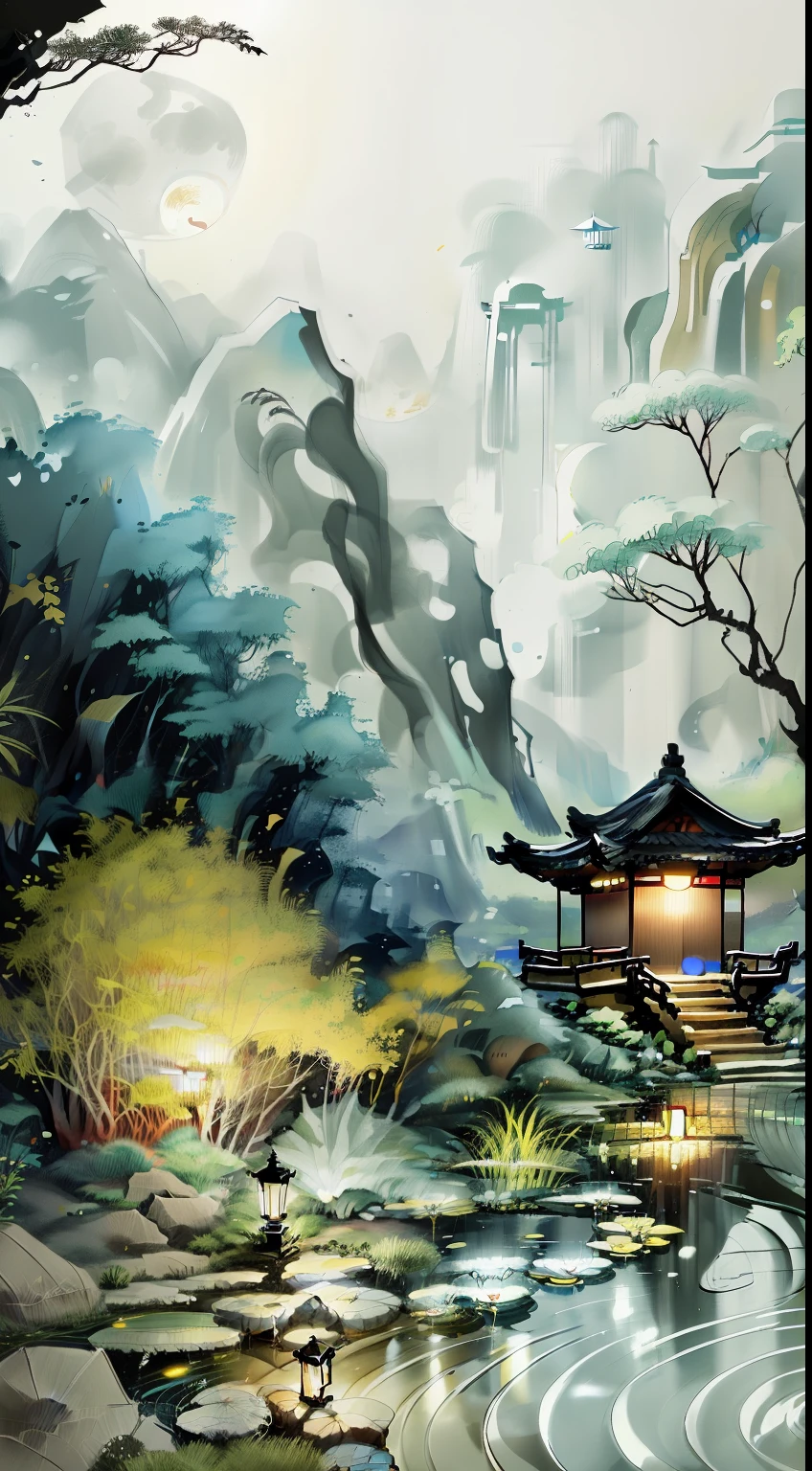 masterpiece,best quality,Chinese martial arts style,an asian night scene with lanterns and water lilies,asian pond with many lanterns and boatsa night scene with many lights and boats in the water, Lake surface, lotus flowers,beautiful night scene,(((Chinese martial arts style))), with vast sky, continuous mountains and steep cliffs, ink wash style, outline light, atmospheric atmosphere, depth of field, mist rising, bamboo, pine trees, octagonal stone pavilion, waterfall flowing water,big full moon,(No color) , Monochrome, light color,