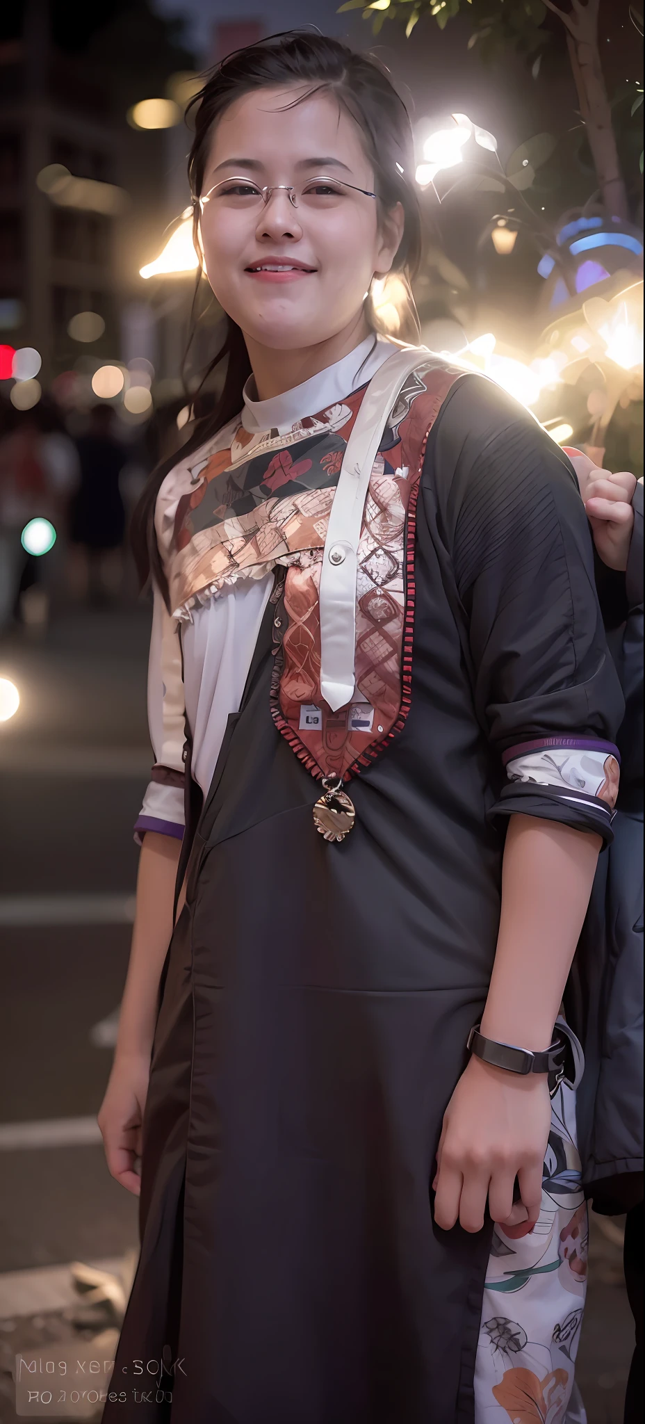 1girl, Tokyo street,night, cityscape,city lights,upper body,close-up,smile,, (8k, RAW photo, best quality, masterpiece:1.2),(realistic, photo-realistic:1.37),