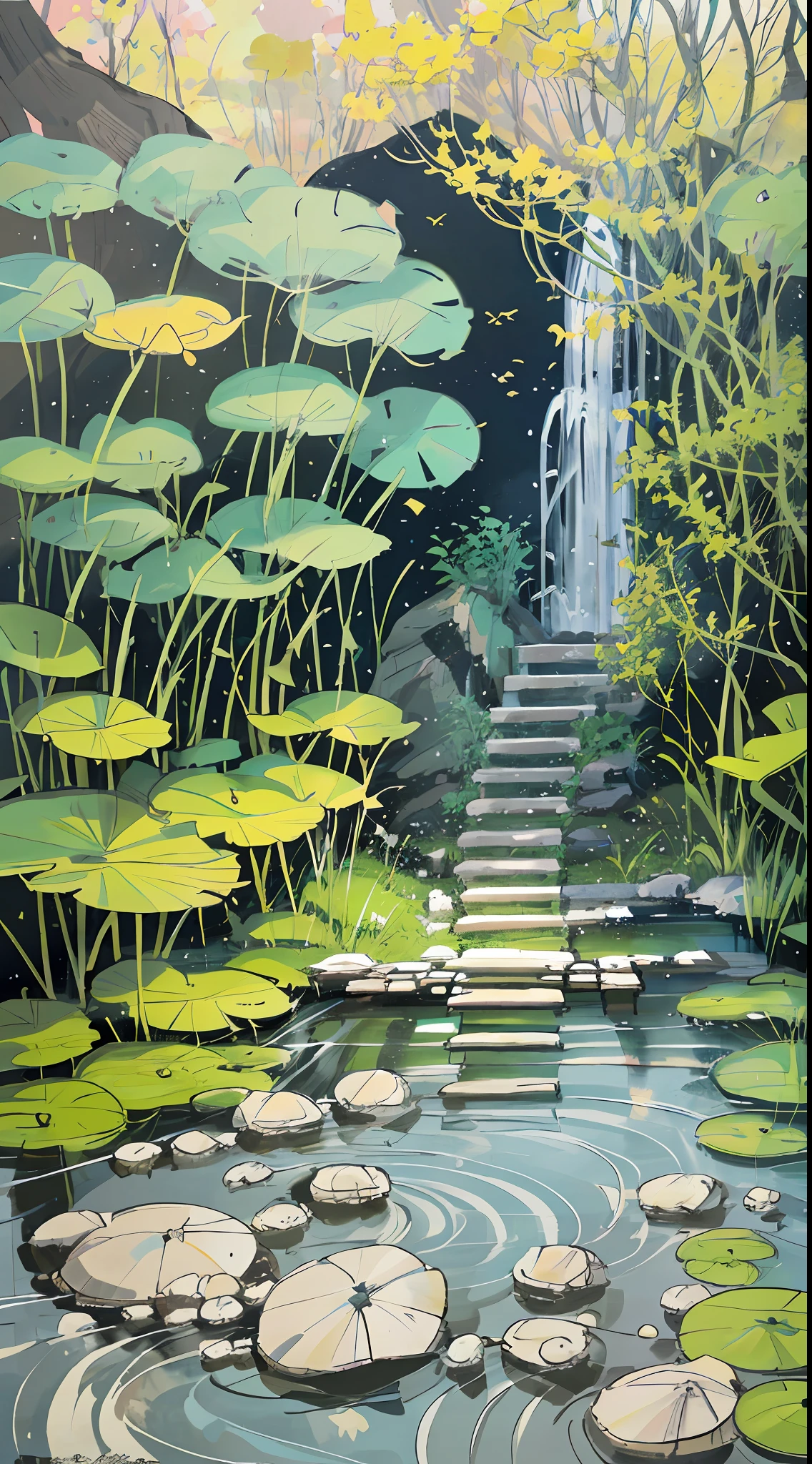 Ancient Chinese architecture, autumn, bamboo, lake, stone bridge, rockery, arch, corner, tree, tap water, landscape, waterfall, meadow, rock, water lily, hot springs, water vapor, (illustration: 1.0), epic composition, realistic lighting, high-definition detail, masterpiece, best quality, (very detailed CG unified 8k wallpaper)