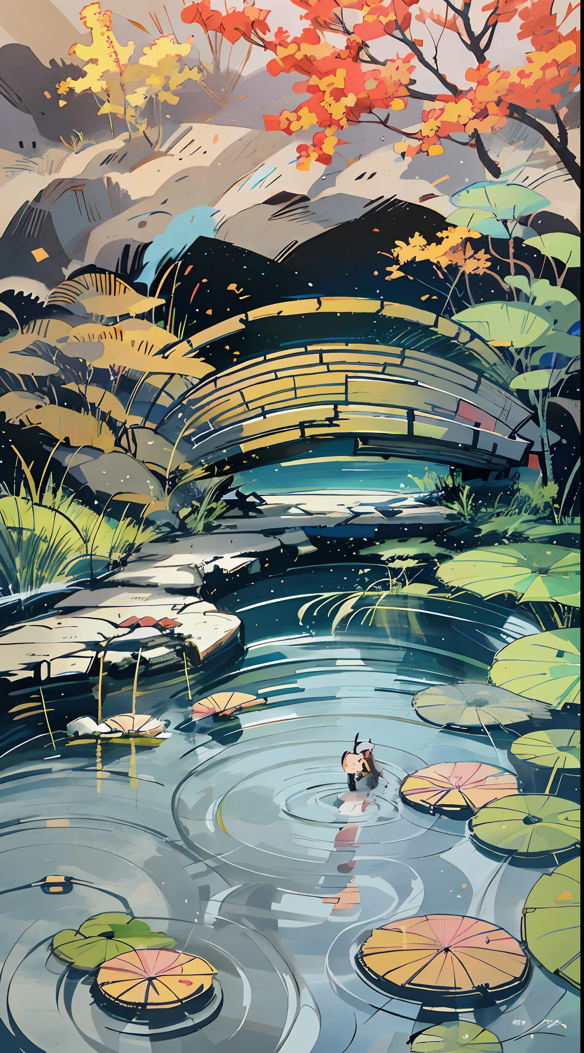 Ancient Chinese architecture, autumn, bamboo, lake, stone bridge, rockery, arch, corner, tree, tap water, landscape, waterfall, meadow, rock, water lily, hot springs, water vapor, (illustration: 1.0), epic composition, realistic lighting, high-definition detail, masterpiece, best quality, (very detailed CG unified 8k wallpaper)