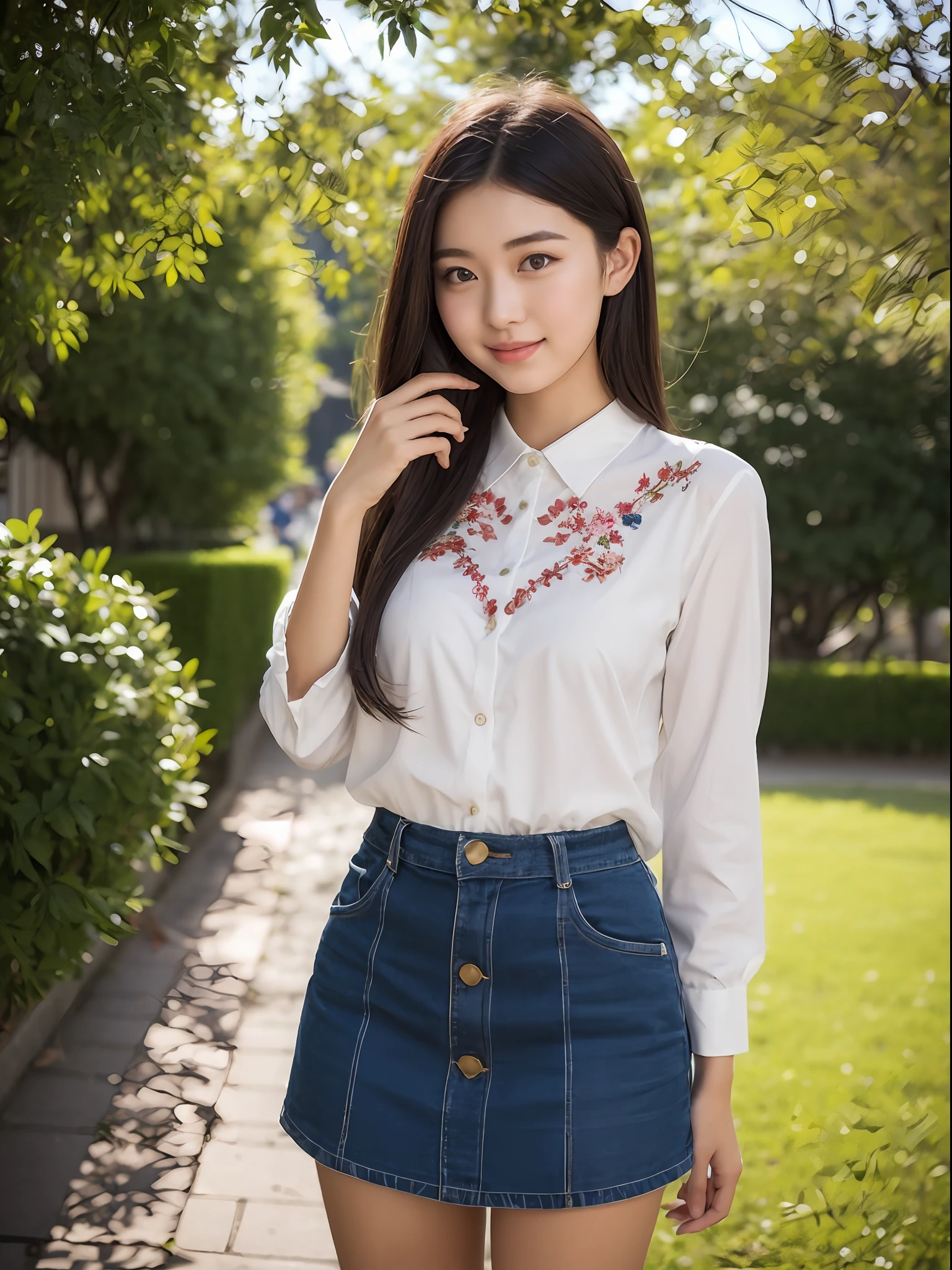 (RAW style, cowboy shot, masterpiece, best quality) An extremely beautiful 22 years old college girl stands at the heart of her university campus, exuding a youthful charm and elegance. She wears a white, form-fitting blouse that complements her figure, paired with a fashionable mini skirt that gracefully accentuates her legs. The skirt is adorned with intricate patterns and subtle embroidery, adding a touch of sophistication to her outfit. Her demeanor is confident yet approachable, as she gracefully tours the college grounds, surrounded by lush greenery and historic buildings. The atmosphere is filled with a sense of academic enthusiasm and camaraderie among students. The style is photo-realistic, capturing every intricate detail of the girl's attire, the surrounding architecture, and the natural lighting that softly illuminates the scene. The camera used is a top-of-the-line professional DSLR, such as a Canon EOS 5D Mark IV, ensuring the highest level of clarity and sharpness. Lens: Canon EF 50mm f/1.2L USM. Settings are optimized for vibrant colors and balanced exposure.
