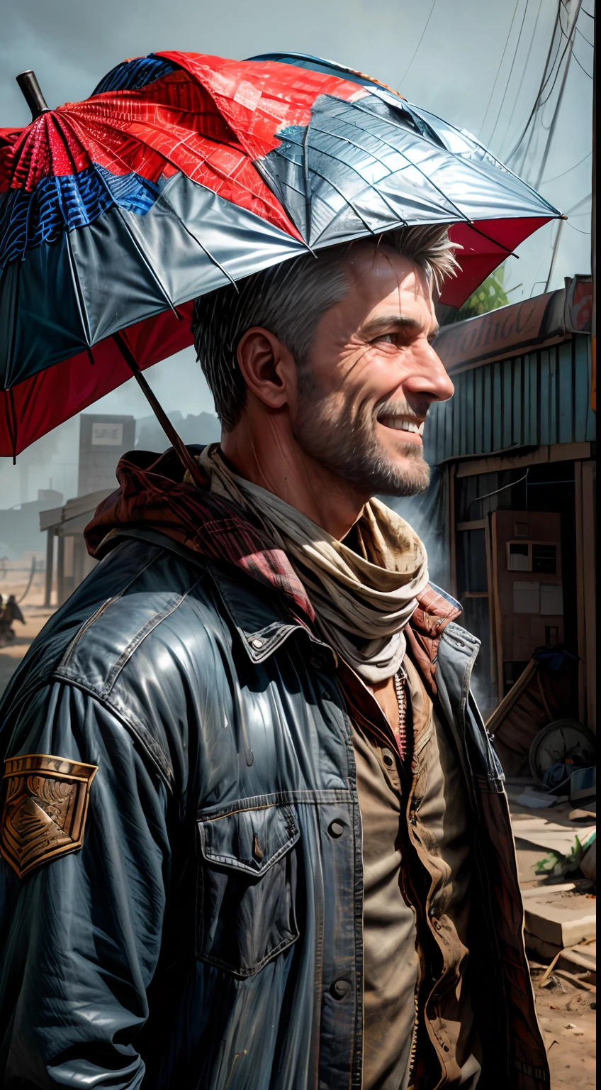 (((It's raining heavily, Clothes are wet, raindrops on the face, holding an umbrella))), A Punk from the Wasteland stands in the middle of the Wasteland (((portraite of a, a closeup of a, Smiling))), engulfed in swirling dust storms. The camera zooms in on a man, capturing the intensity in his eyes, when he looks into the distance. The details of his weathered clothes and makeshift armor become clearer with each zoom, Patchwork quilt made of materials, sewn together. When the zoom reaches its peak, The focus shifts to his hands, who hold disposed weapons in their hands, demonstration of the character's resourcefulness and survival skills. The hint is implemented in the style of 3D sculpture, Using a combination of modeling and texturing techniques to bring the character and environment to life.